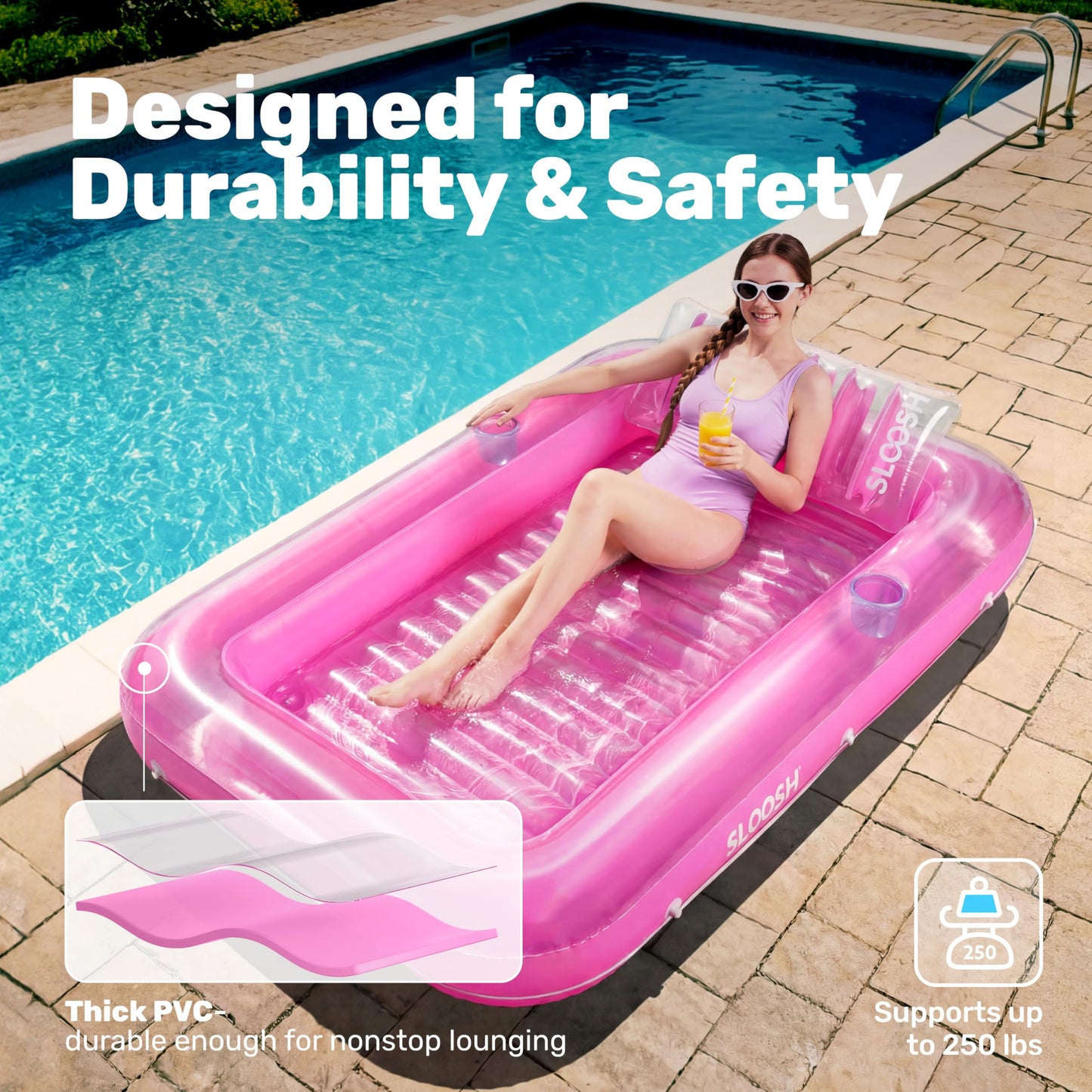 SLOOSH Inflatable Tanning Pool Lounger Float, 70" x 46" Pool Floats Adult with Pillow, 4 in 1 Suntan Tub Raft Floatie,Sunbathing Bed Lounge for Water Blow Up Kids Ball Pit Party Gifts, L-Pink