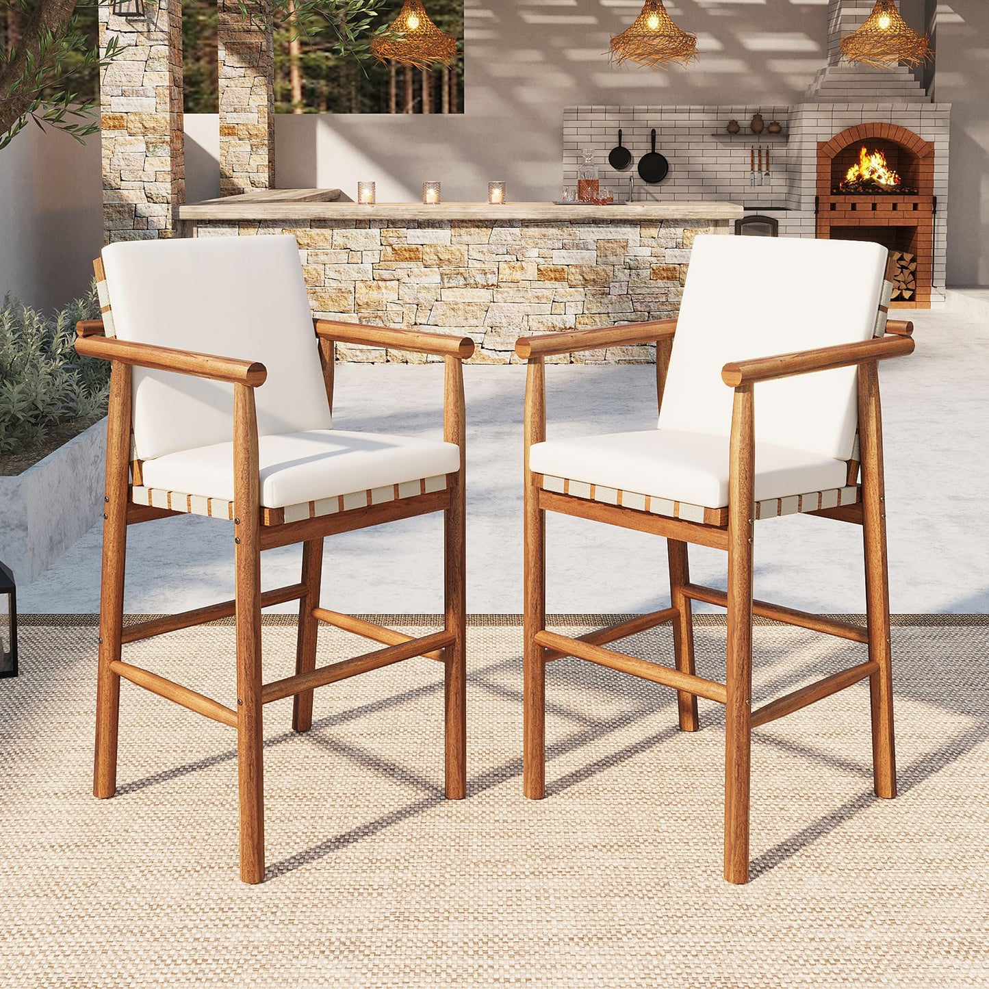 Trygoal Outdoor Bar Stool Set of 2, Patio Bar Chairs with High Back & Arms, Acacia Wood with Breathable Woven Seat, Adjustable Anti-Wobble Feet, for Garden/Deck/Pool, Beige Cushions Included