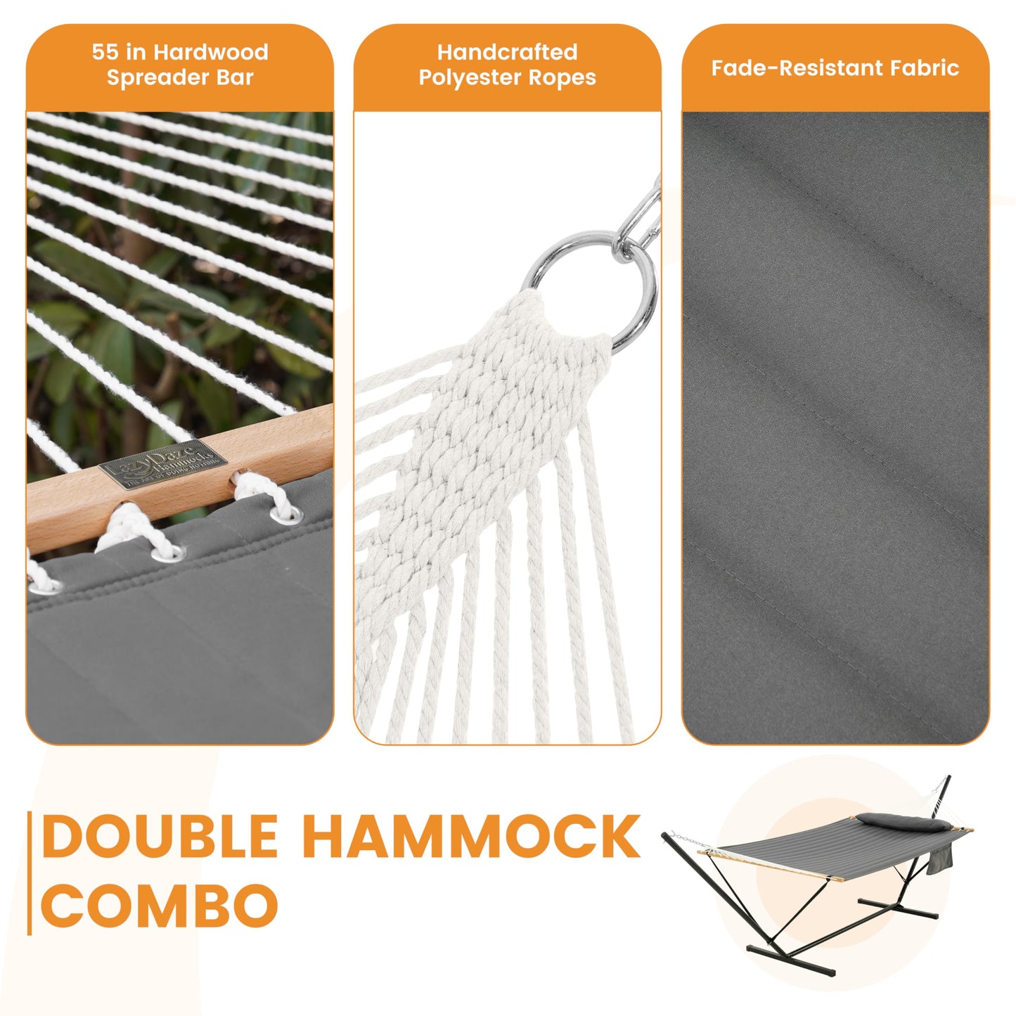Lazy Daze Hammocks 2 Person Portable Hammock with 12FT Stand for Outside, 10.5FT Quilted Double Hammock with Spreader Bar and Detachable Pillow, 450lbs Capacity for Outdoor Patio, Grey