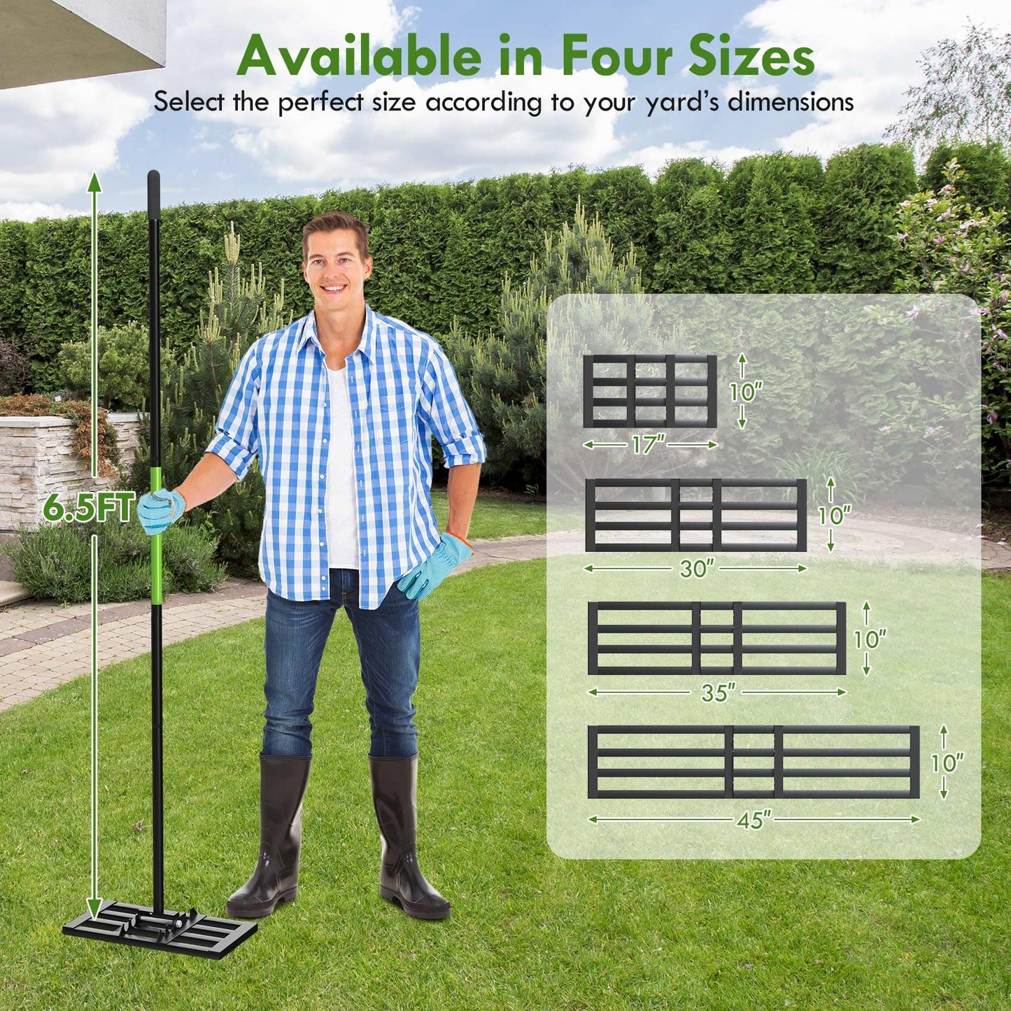 Seeutek Lawn Leveling Rake, 17” x 10” Lawn Leveler with 6.5FT Stainless Steel Handle Rakes for Lawns, 0-180° Adjustable Ground Leveler Tool for Yard, Level Soil Sand Dirt Surfaces
