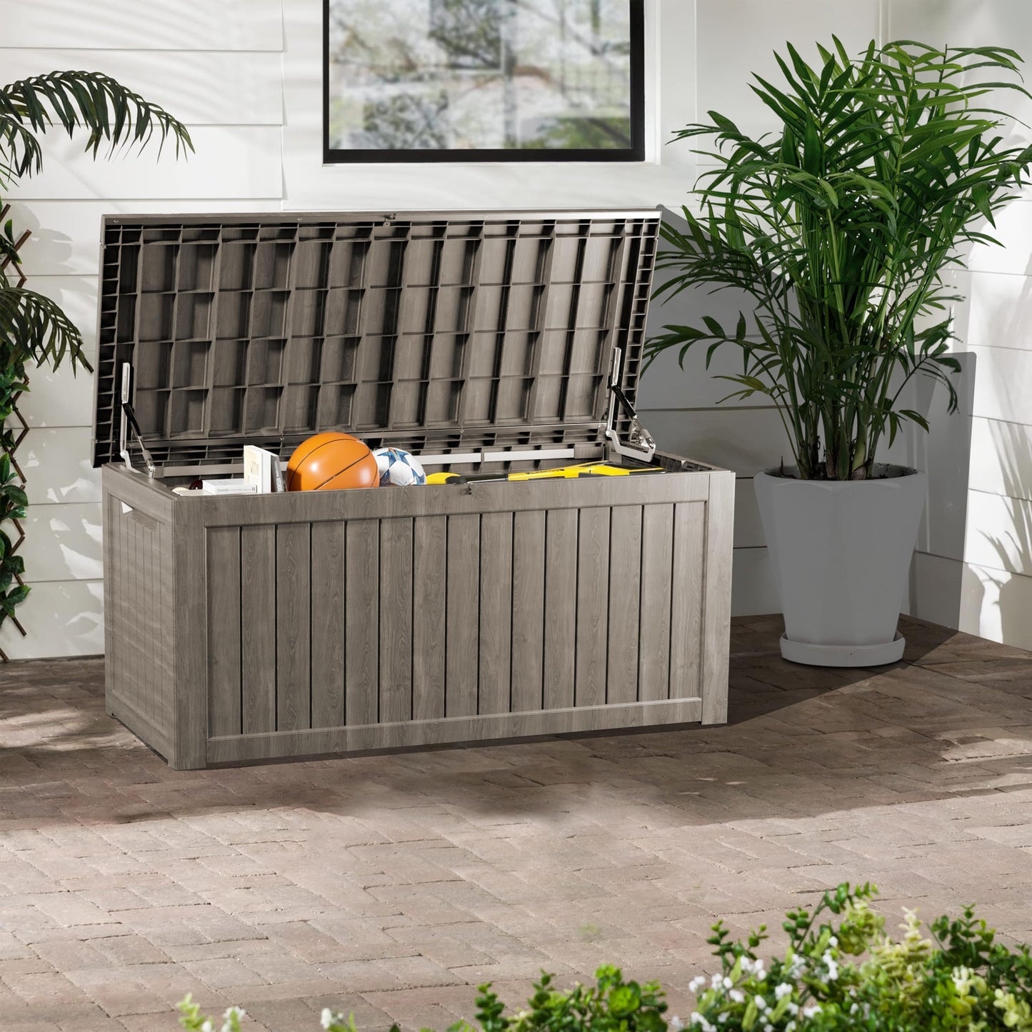 PATIOEASY Outdoor Storage Box 275GAL Waterproof Resin Deck Box,Pool Accessories Supplies，UV-Resistant Lockable Package Delivery Bin for Garden Tools,Large Patio Outside Cushions,Chest,Furniture,Grey