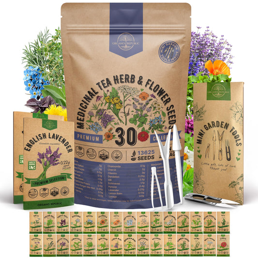 Organo Republic 30 Medicinal Tea Herb & Flower Seeds Variety Pack - 13600+ Non-GMO Heirloom Flower Seeds for Outdoor & Indoor Garden, Including Bergamot, Catnip, Calendula, Dandelion, Lovage, Zinnia