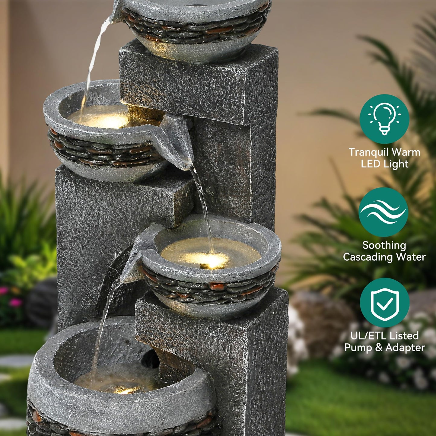 Autodaya 19.5" Tall 4-Tier Pedestal Outdoor Water Fountain with LED Lights and Pump, Relaxing Garden Fountain Waterfall for Patio, Porch, or Yard