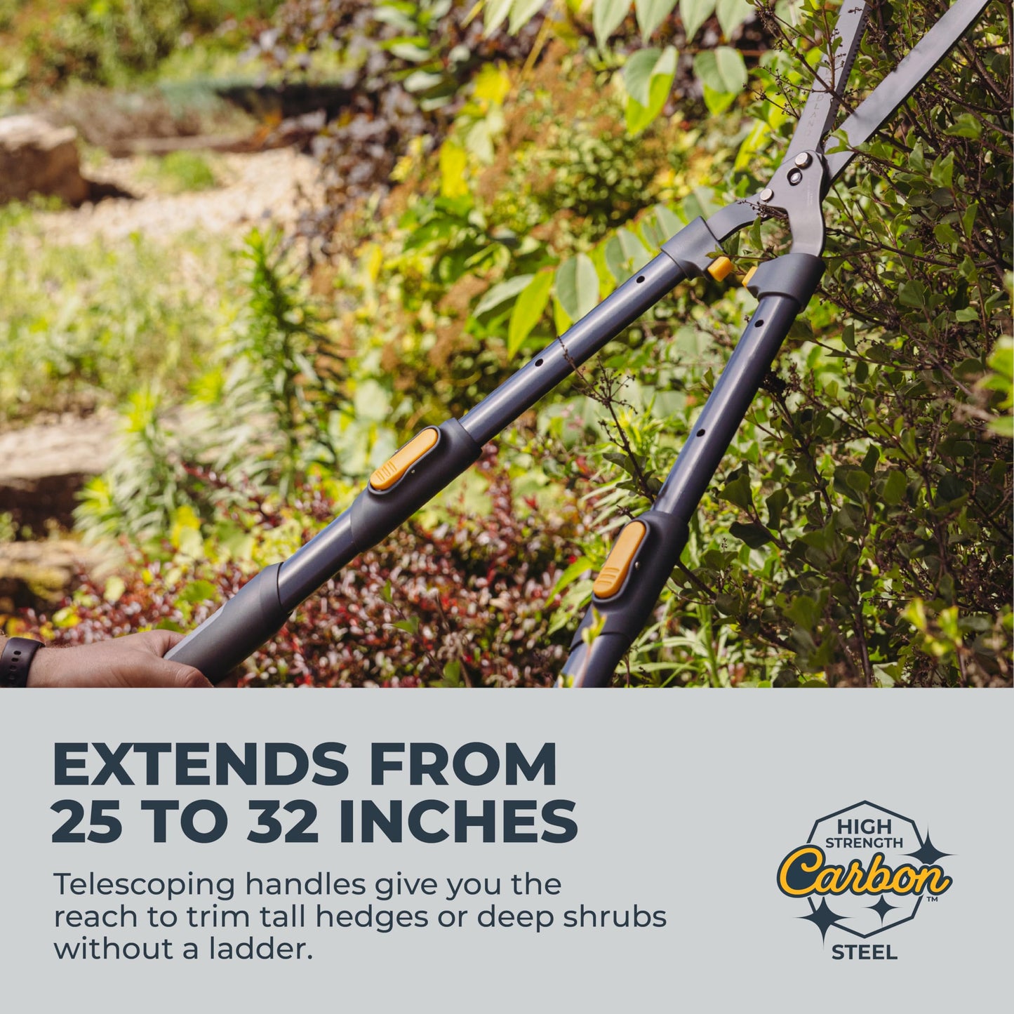 Woodland Tools Heavy Duty Extendable Hedge Shears, 25 to 32 Inch Telescoping Hedge Clippers with 10 Inch Lever-Assist Blades and Non Stick Coating, Manual Trimmer for Bushes and Shrubs
