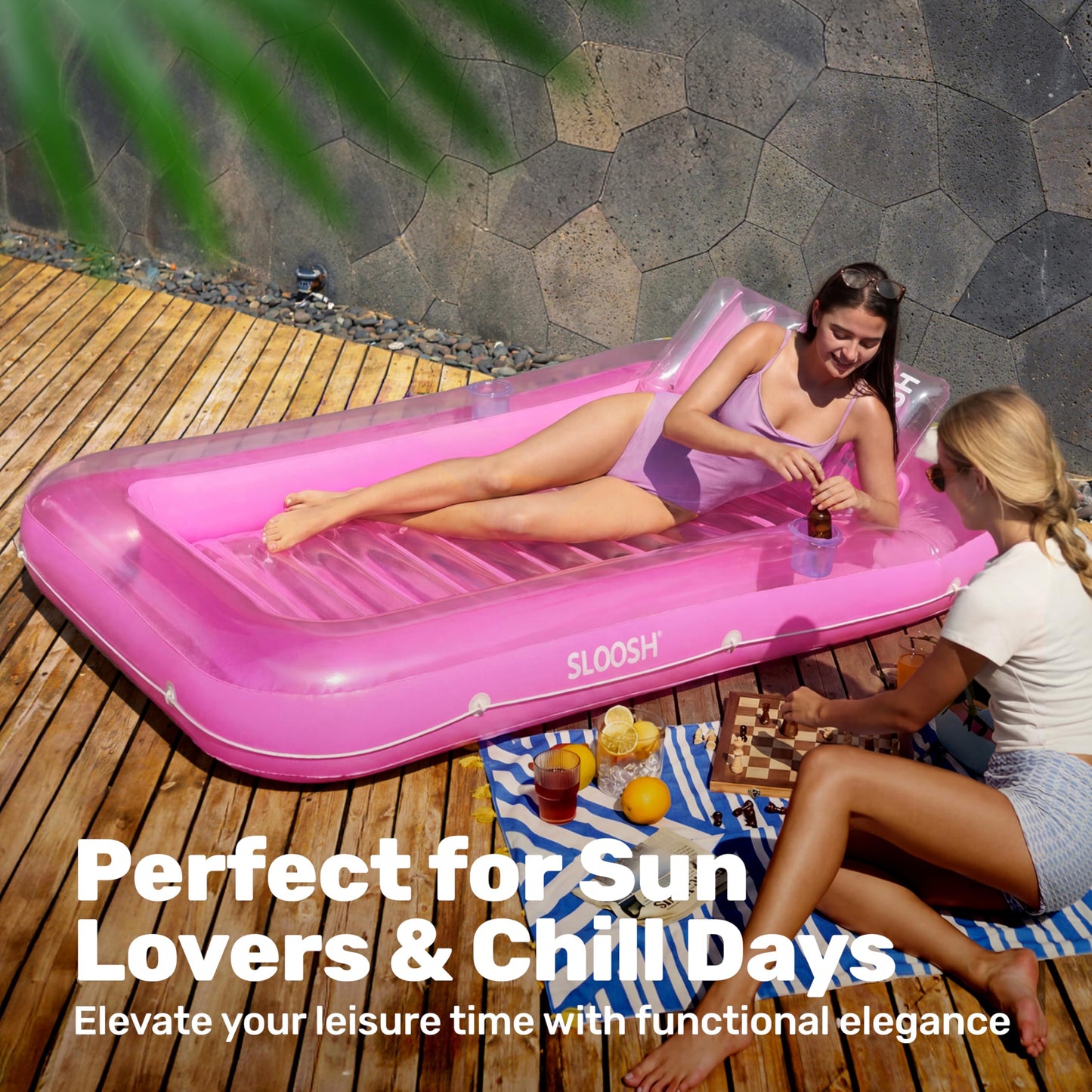 SLOOSH Inflatable Tanning Pool Lounger Float, 70" x 46" Pool Floats Adult with Pillow, 4 in 1 Suntan Tub Raft Floatie,Sunbathing Bed Lounge for Water Blow Up Kids Ball Pit Party Gifts, L-Pink