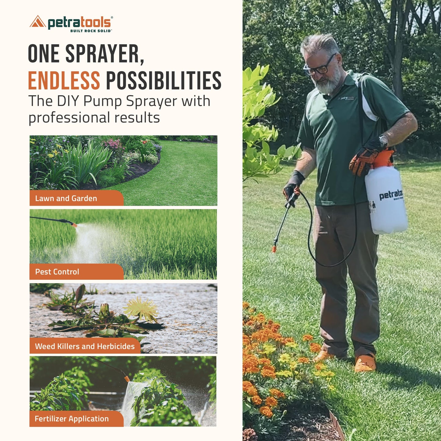 Petratools 2 Gallon Pump Sprayer - HD201 Garden Sprayer for Weeds, Lawn Care & Pesticides - 52" Long Hose, 2 Nozzles & Easy Carry Handle - Durable & Lightweight
