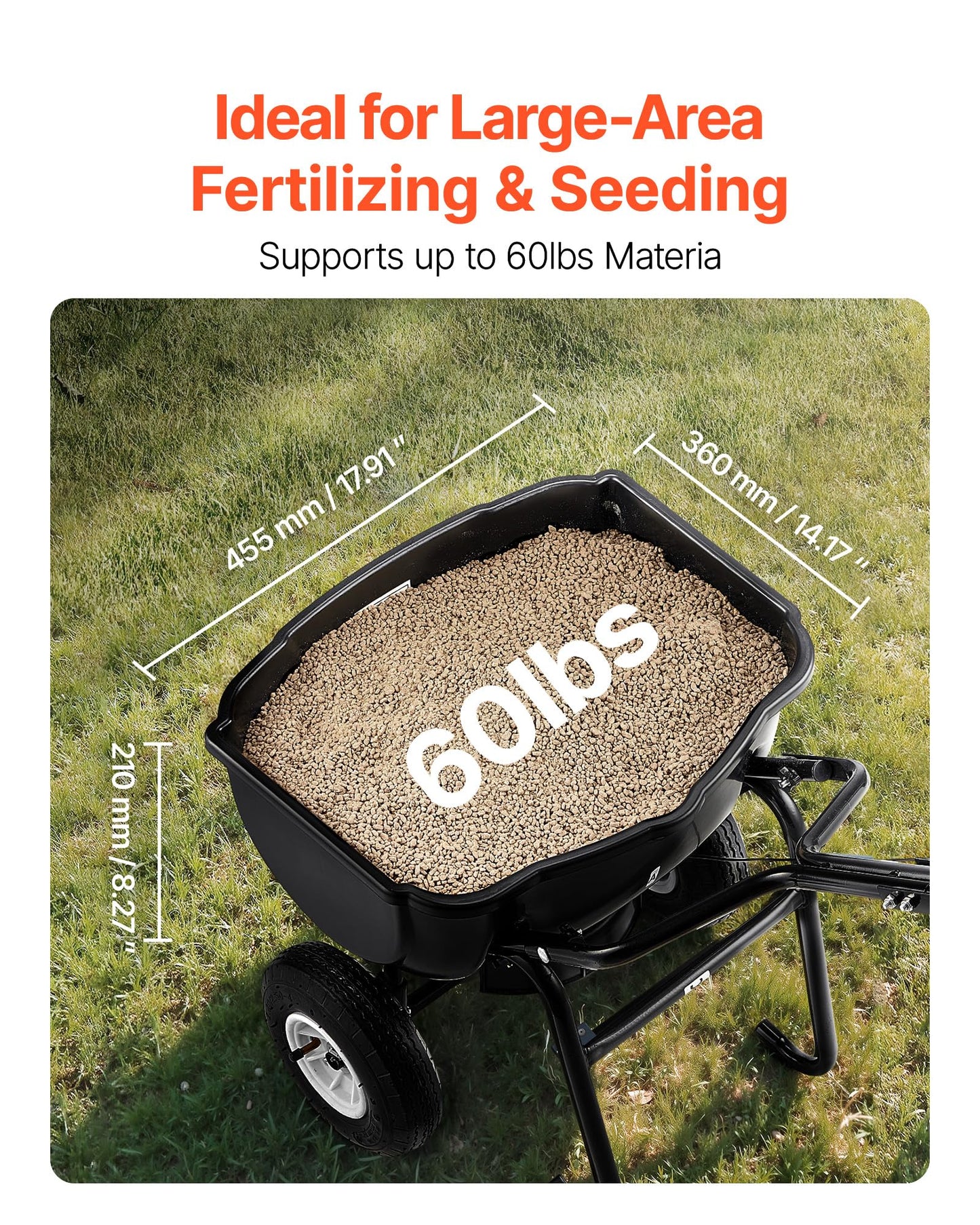 VEVOR Walk Behind Spreader, 60LBS Capacity, Push Spreader with 0-9.8 ft Spreading Width, 8 in All Terrain Pneumatic Tires, Garden & Lawn Broadcast Spreaders, for Seed, Fertilizer