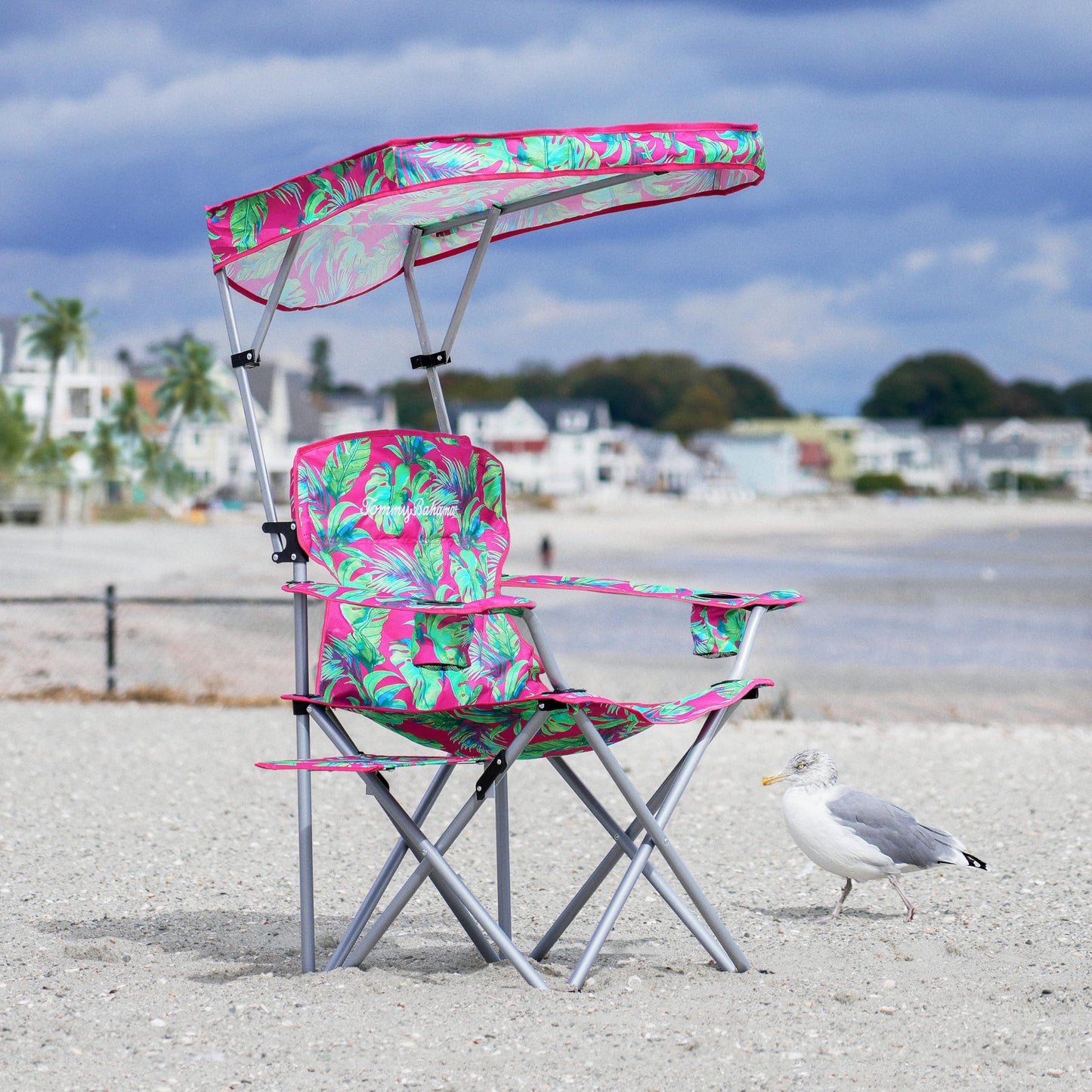 Tommy Bahama Extra-Wide Folding Beach Chair with Max Shade Canopy, Side Table, and Cup Holders, 25" W Outdoor Portable Camping Chair with Canopy, Supports up to 500 lbs., Pink/Green