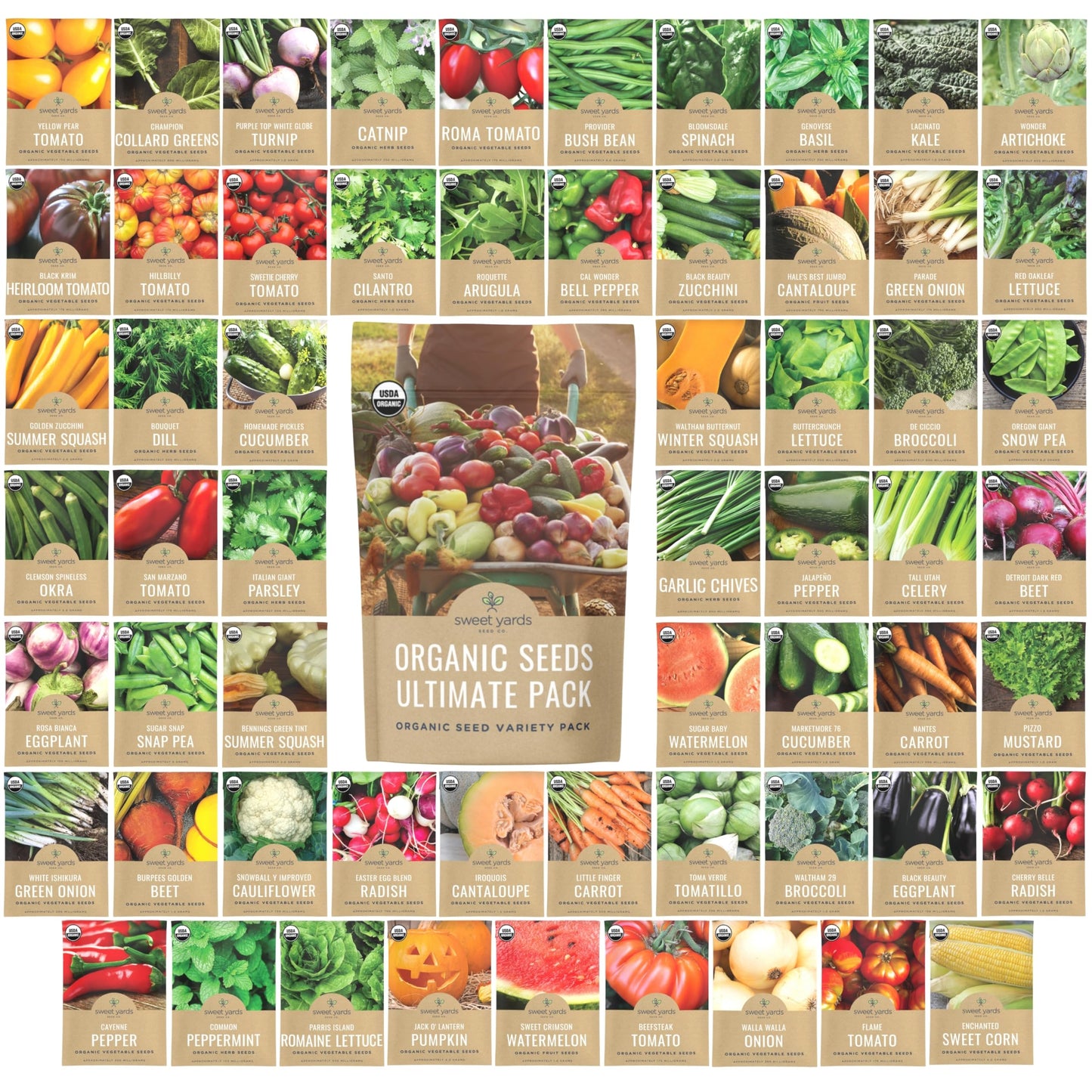 Organic Seeds Ultimate Variety Pack - 60 Individual Packs - 2026 Season - Genovese Basil, Nantes Carrot, Roquette Arugula and More! for Indoor & Outdoor Planting (Non-GMO, Certified Organic)