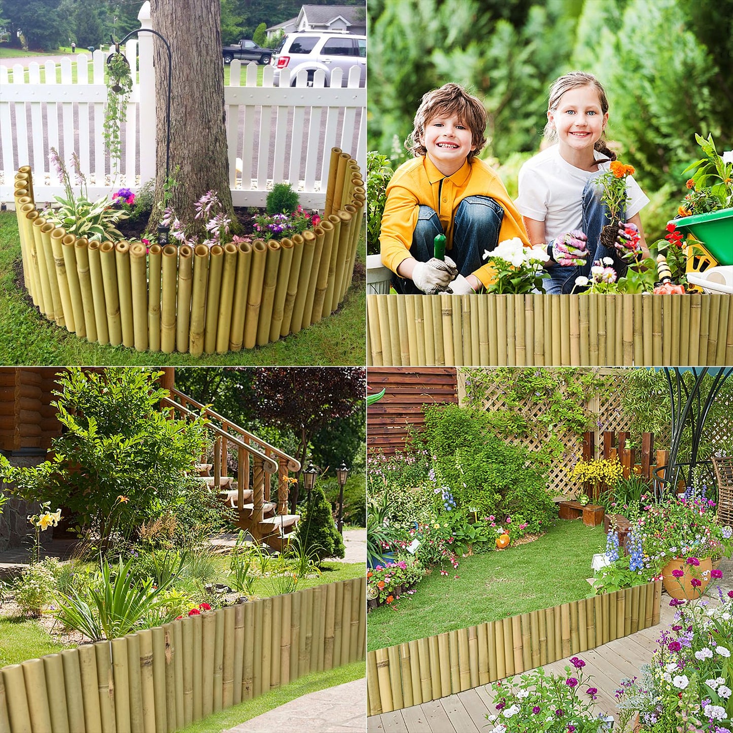 Jollybower 8x39IN Natural Bamboo Edging, Bamboo Garden Border Edging, Outdoor Landscape Edging for Decorative Garden, Patio Flower Garden Bed, Lawn, Yard, Pool Fences（1Pc with 3 Short Poles）