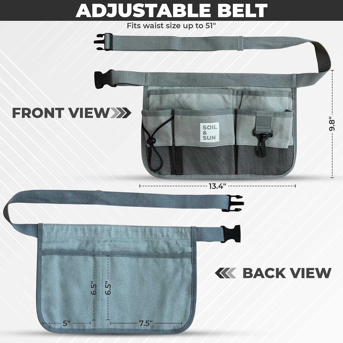 Soil & Sun Garden Tool Belt for Women, Tool Apron, Utility Belt Women, Teacher, Canvas Waist Apron with Pockets, Garden Aprons (Grey)