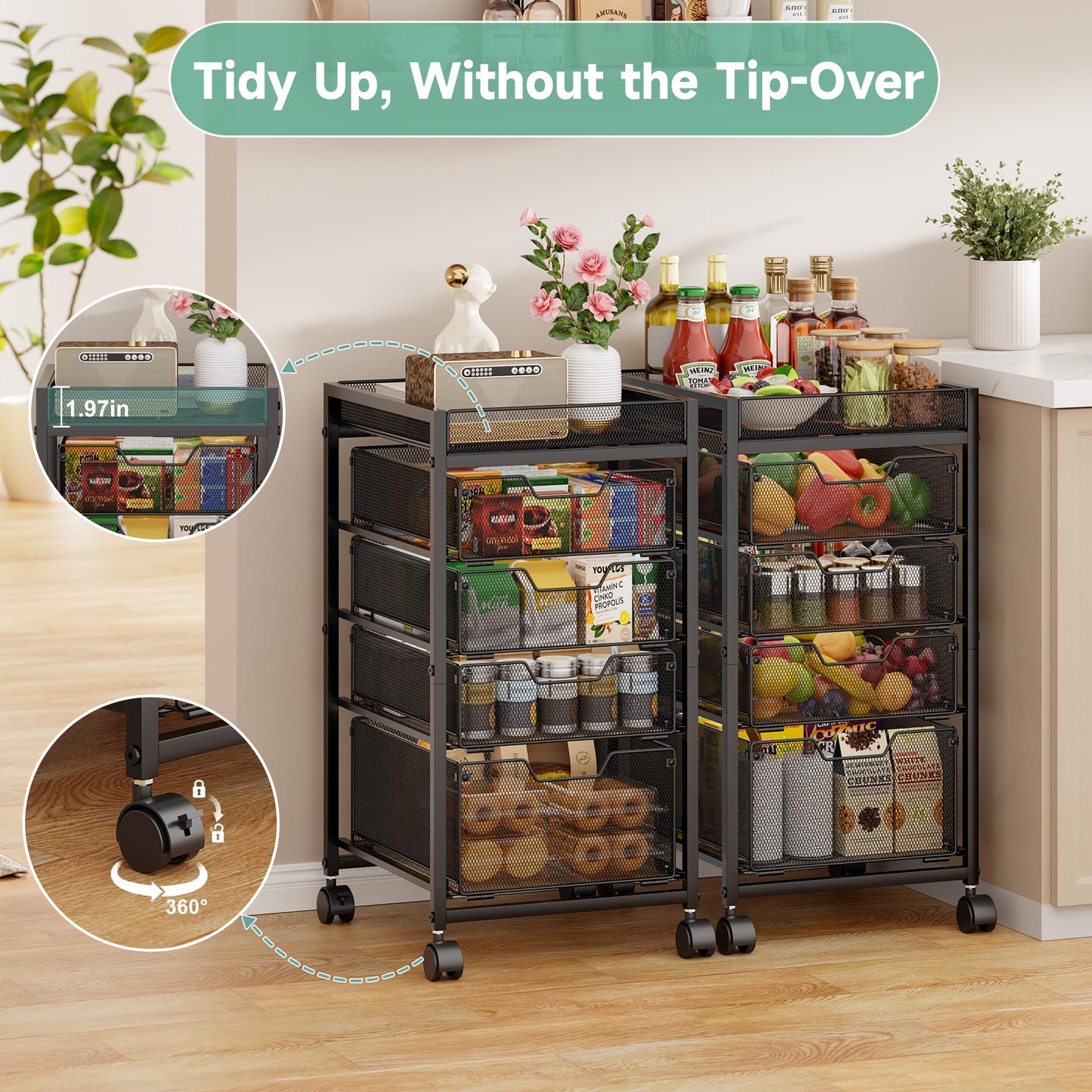 keomaisyto 5-Tier Kitchen Storage Cart with Top Basket & Drawers, Fruit and Vegetable Storage Rack on Lockable Wheels, Metal Kitchen Organization for Snacks, Potatoes, Onions, Cans & Craft Supplies