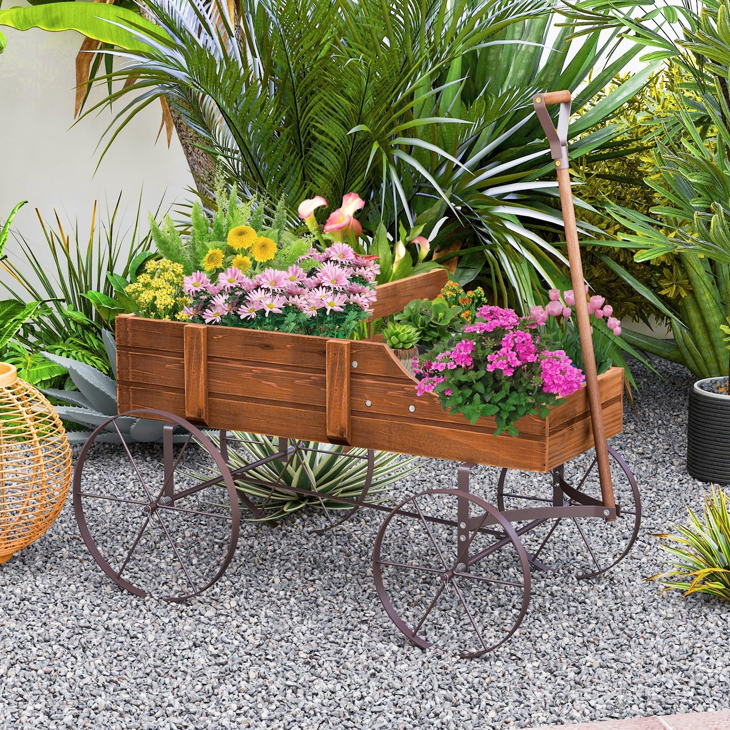 HAPPYGRILL Wooden Wagon Planter, 24.5” x 13.5” x 24” Decorative Garden Planter w/ 2 Planting Sections, Wheels, Handle, Small Decorated Cart, Flower Planter Box for Indoor Outdoor Patio (Brown)