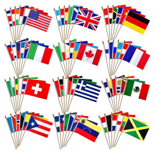 LoveVC 100 Countries International World Flags on Wooden Stick Small Mini Hand Held Flags for Sports Events,International Festival,5x8 Inch