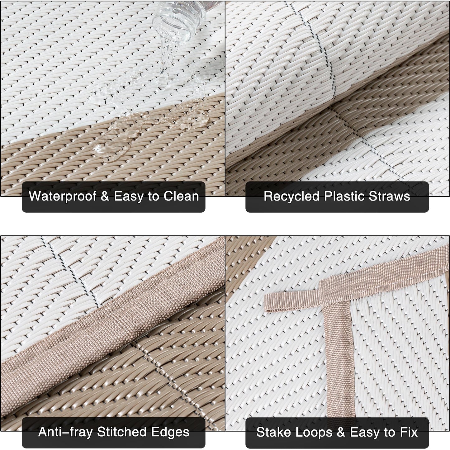 PureCozy Outdoor Waterproof Patio Rug 9x12 Plastic Straw Reversible Lightweight Outside Beige Striped Large Carpet Outdoor for Camping RV Porch Deck Balcony Beach