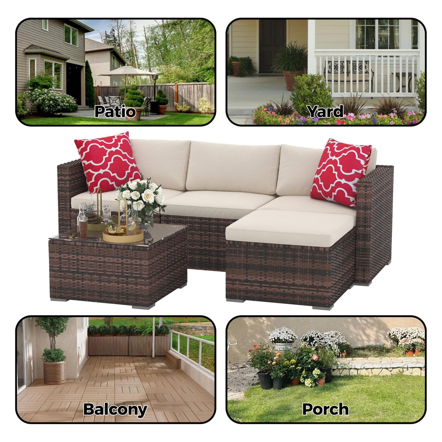 5 Piece Outdoor Patio Furniture Set, Rattan Deck Conversation Sofa Set with Non-Slip Cushions, All-Weather Sectional Sofa with Glass Storage Table and Balcony Footstool, Poolside, Garden, Brown+White