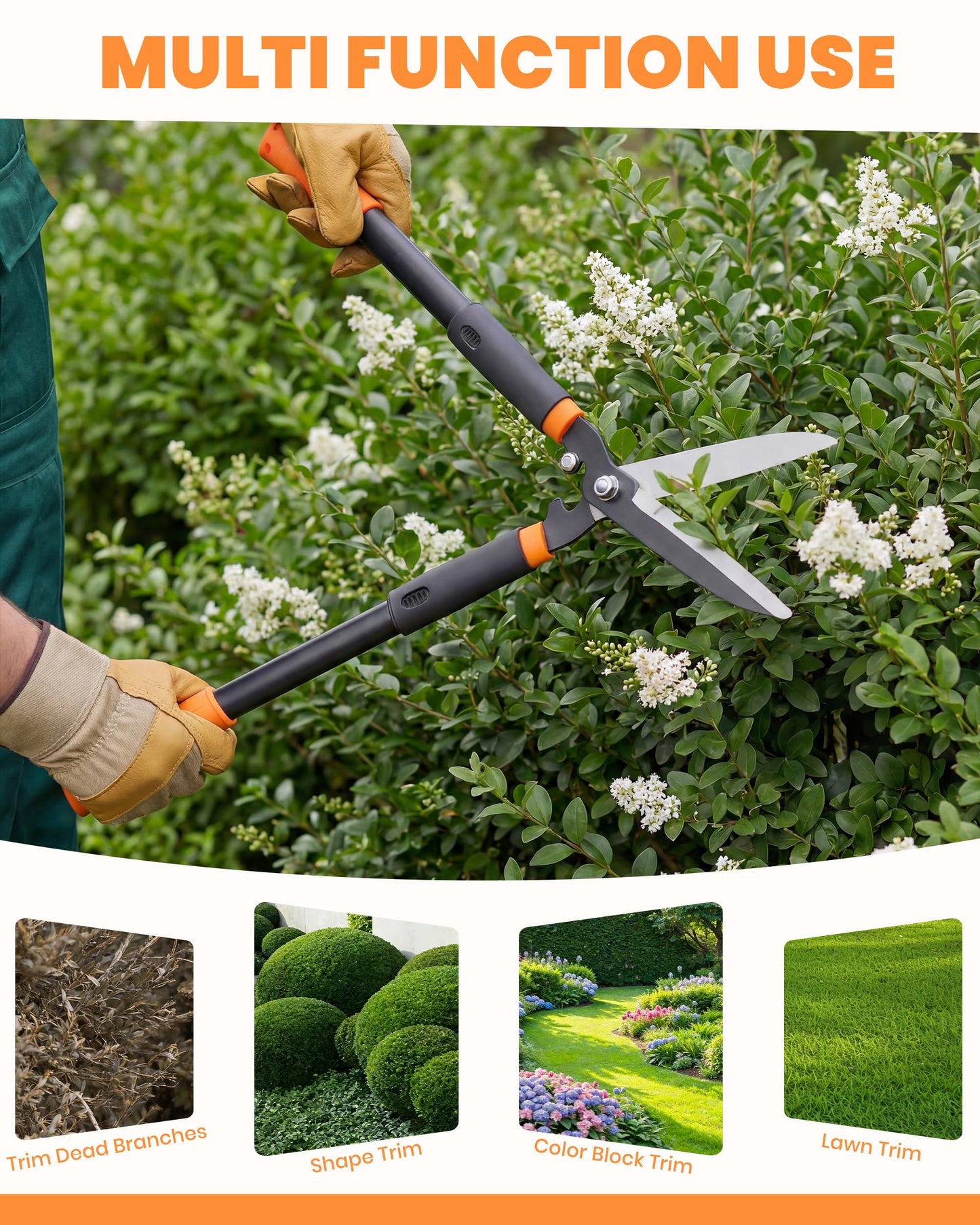 Hedge Shears, 31-Inch Garden Shears with Adjustable Handle, Sharp Blade & Comfortable Grip, Hedge Clippers for Hedges - Black/Orange