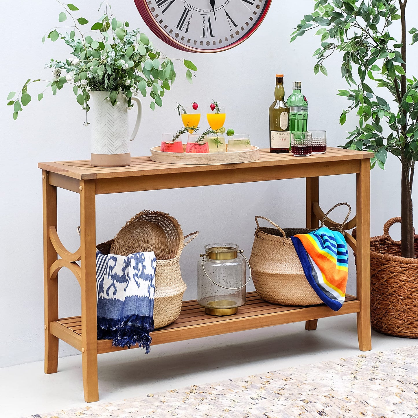 Cambridge Casual Chester Teak Wood Outdoor Console Table, Natural Teak, Narrow Garden Table with Bottom Shelf for Patio, Deck, Entry Way or Poolside – Weather-Resistant