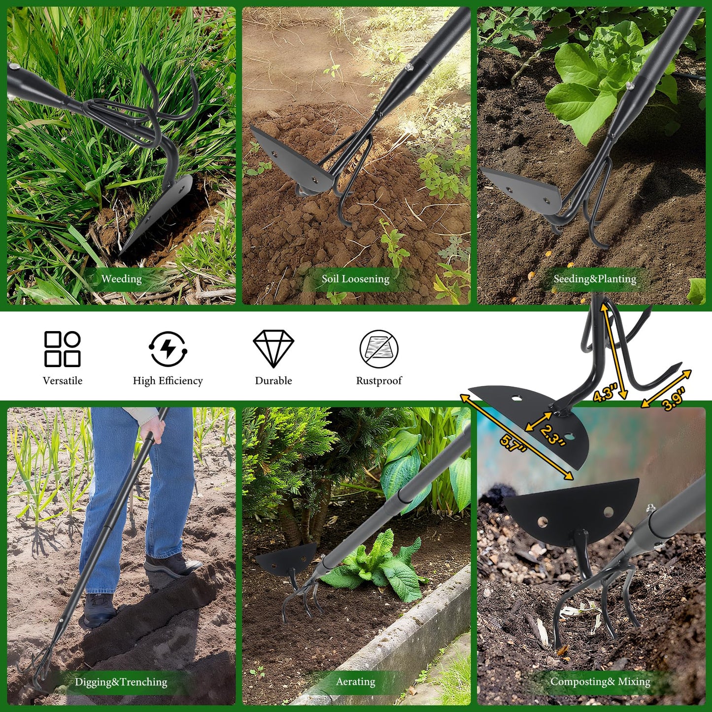 Garden Hoe - Heavy Duty 2 in 1 Hoe Garden Tool with Cultivator Claw Rake,75 Inch Long Handle Hoes for Weeding,Loosening Soil,Hand Weeder Tools for Indoor Outdoor Gardening,Planting,Cultivating,Digging