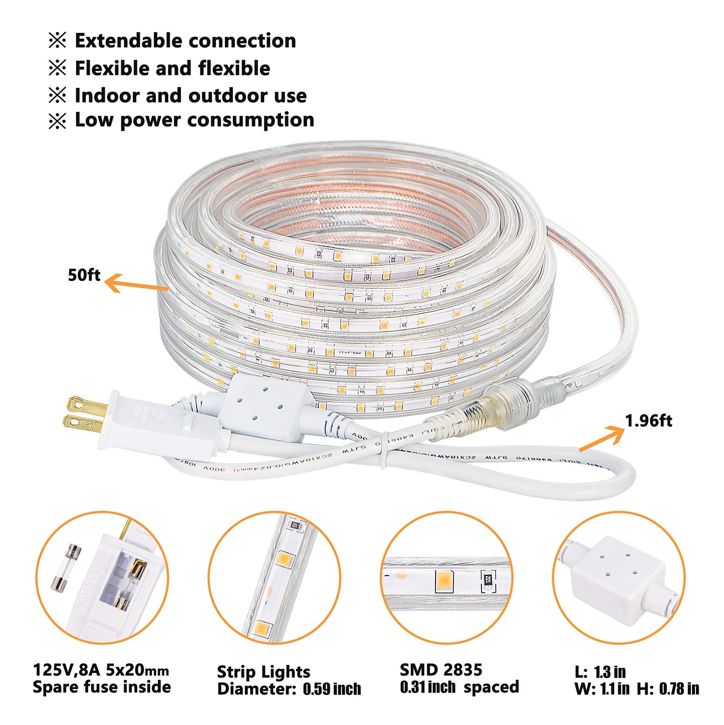 SURNIE LED Rope Lights Outdoor Waterproof Warm White, 50ft Outside Bright Lighting Cuttable Connectable Flexible 110V Cool Clear Flat 3000K, Indoor Deck Patio Christmas Camping Decor, Not Tube Rope