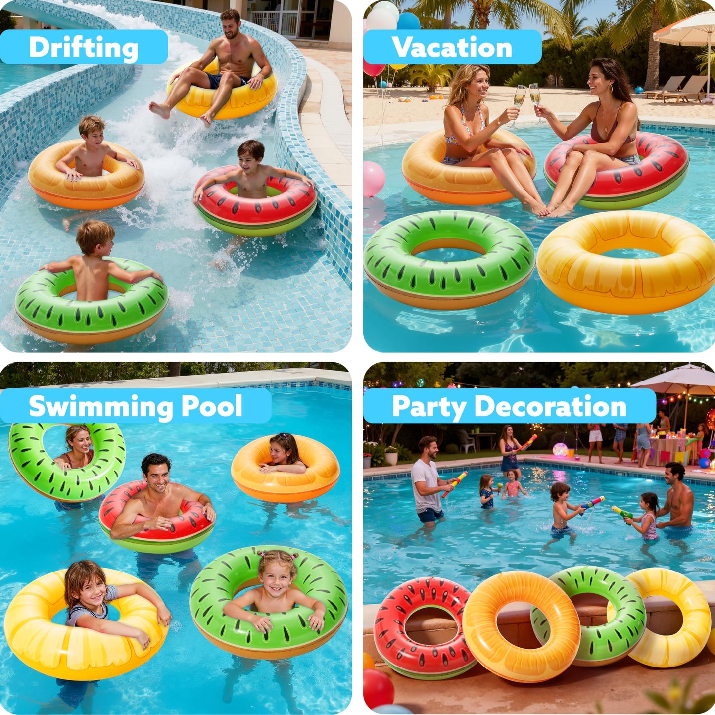 Sloosh 4 Pack Inflatable Pool Floats Fruit Tube Rings, Fruit Swim Tubes, Pool Floaties Toys, Beach Swimming Party Toys for Kids and Adults (Fruit)