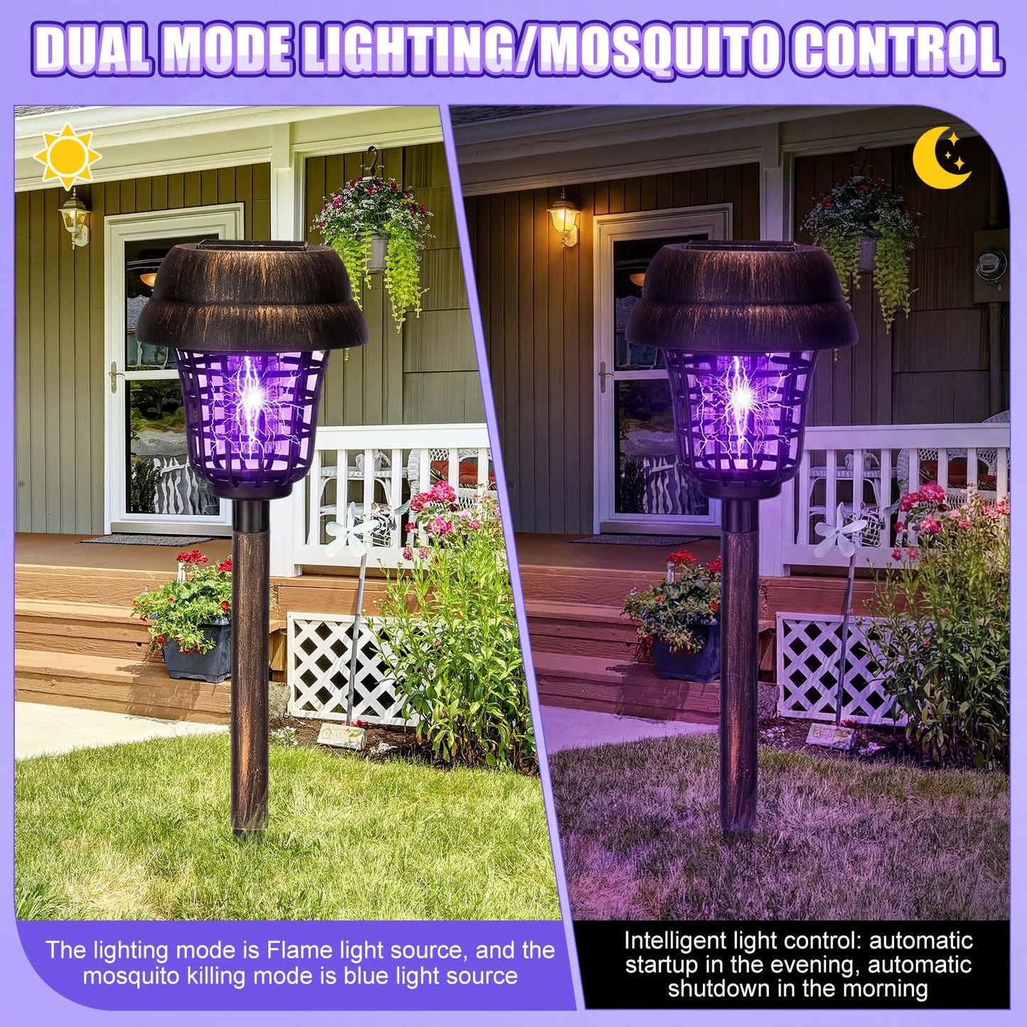 Qualirey 12 Pcs Solar Mosquito Zapper Outdoor Waterproof Solar Powered Bug Zapper Outdoor Mosquito Killer Lamp Trap Repellent Light for Garden Yard Insect (Purple and Flame Light,Black)