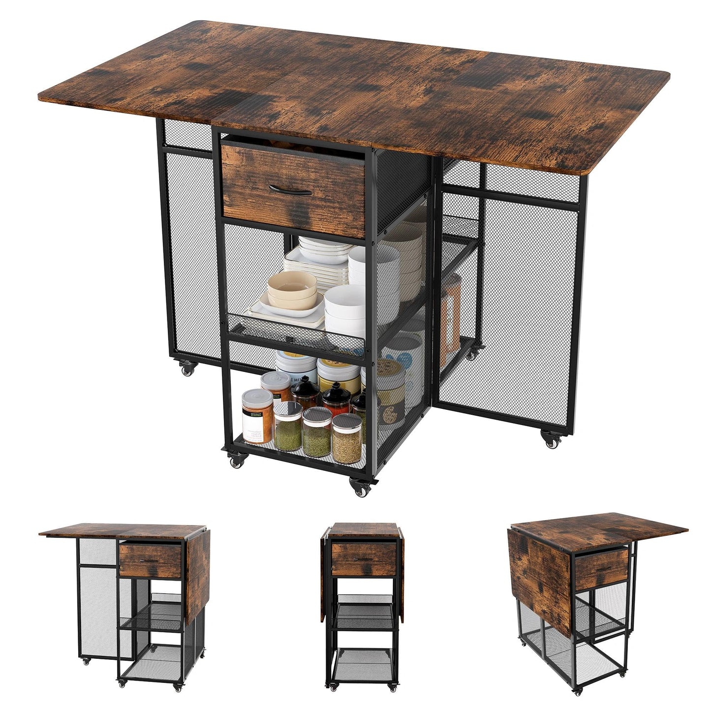 TQVAI Drop Leaf Folding Dining Table 4-6 People Large Heavy Duty Foldable Kitchen Tables with 2 Drawers 6 Wheels 2-Layer Storage Shelf for Small Space Dinging Room Patio Outdoor Camping, Black/Antique