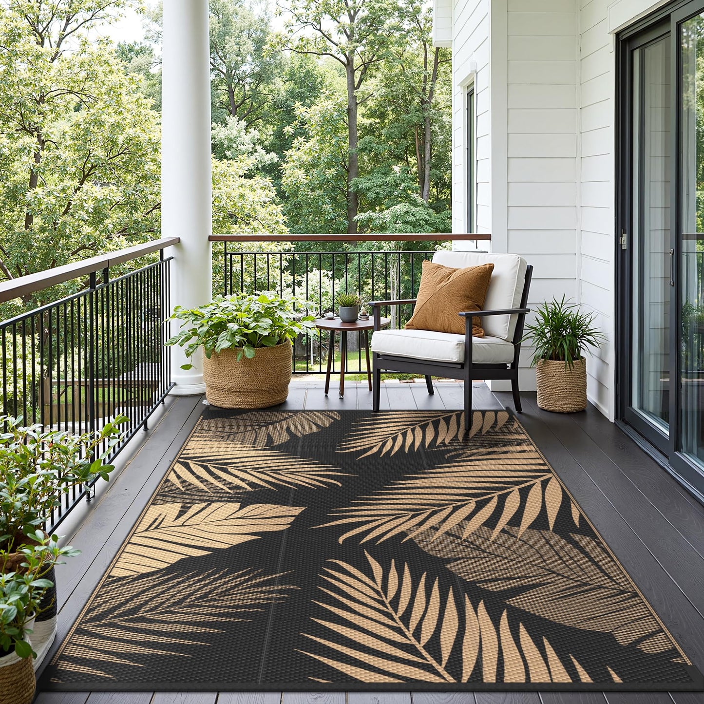 sarben Outdoor Rug 8’x10’ Waterproof for Patio Clearance, Reversible Indoor Outdoor Plastic Straw Camping Rug Carpet, RV Mat, Large Area Rug for Deck, Backyard, Balcony, Porch, Beach, Black & Brown