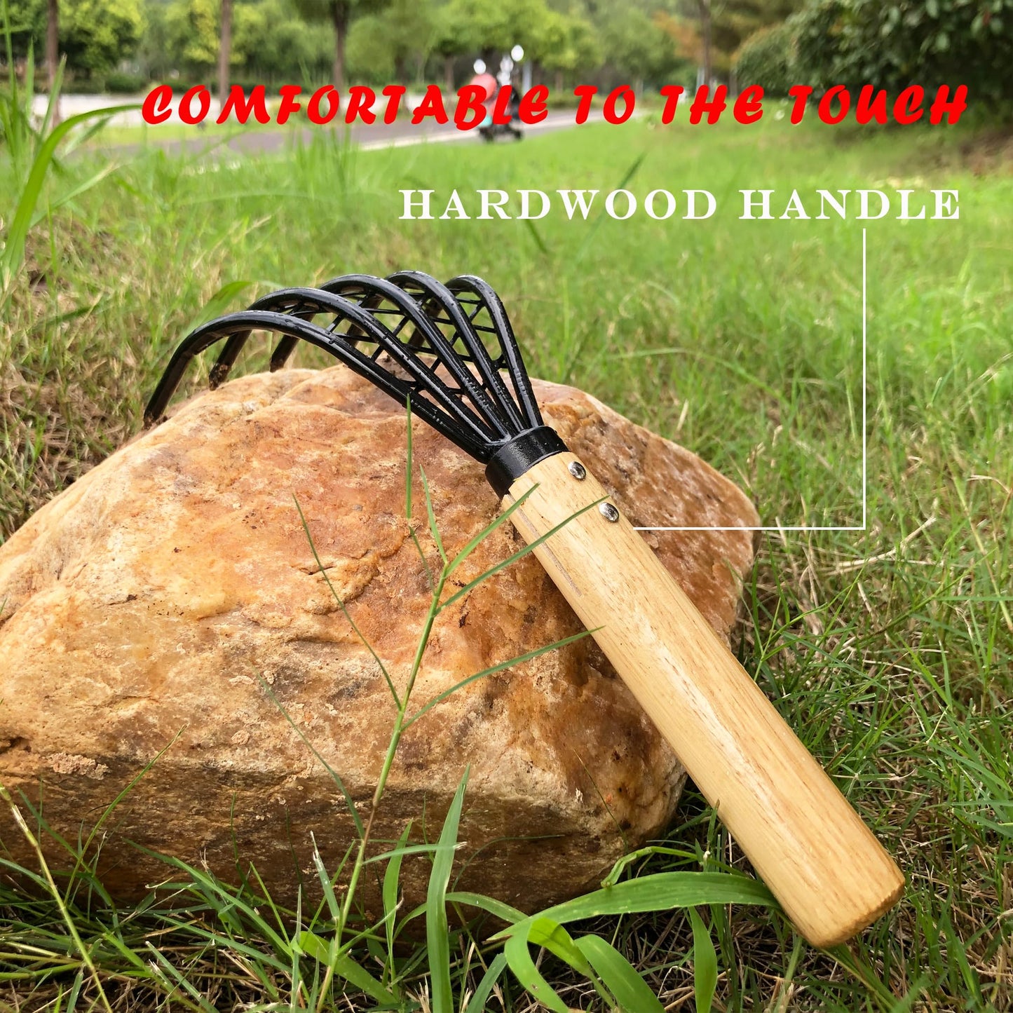 SHANFEEK Garden Rake 5-Claw Landscape Dethatcher Thatching Beach Combing Rake for Digging Clam Shell Defoliation Hoe Garden Tool for Loosen The Soil (Brown)