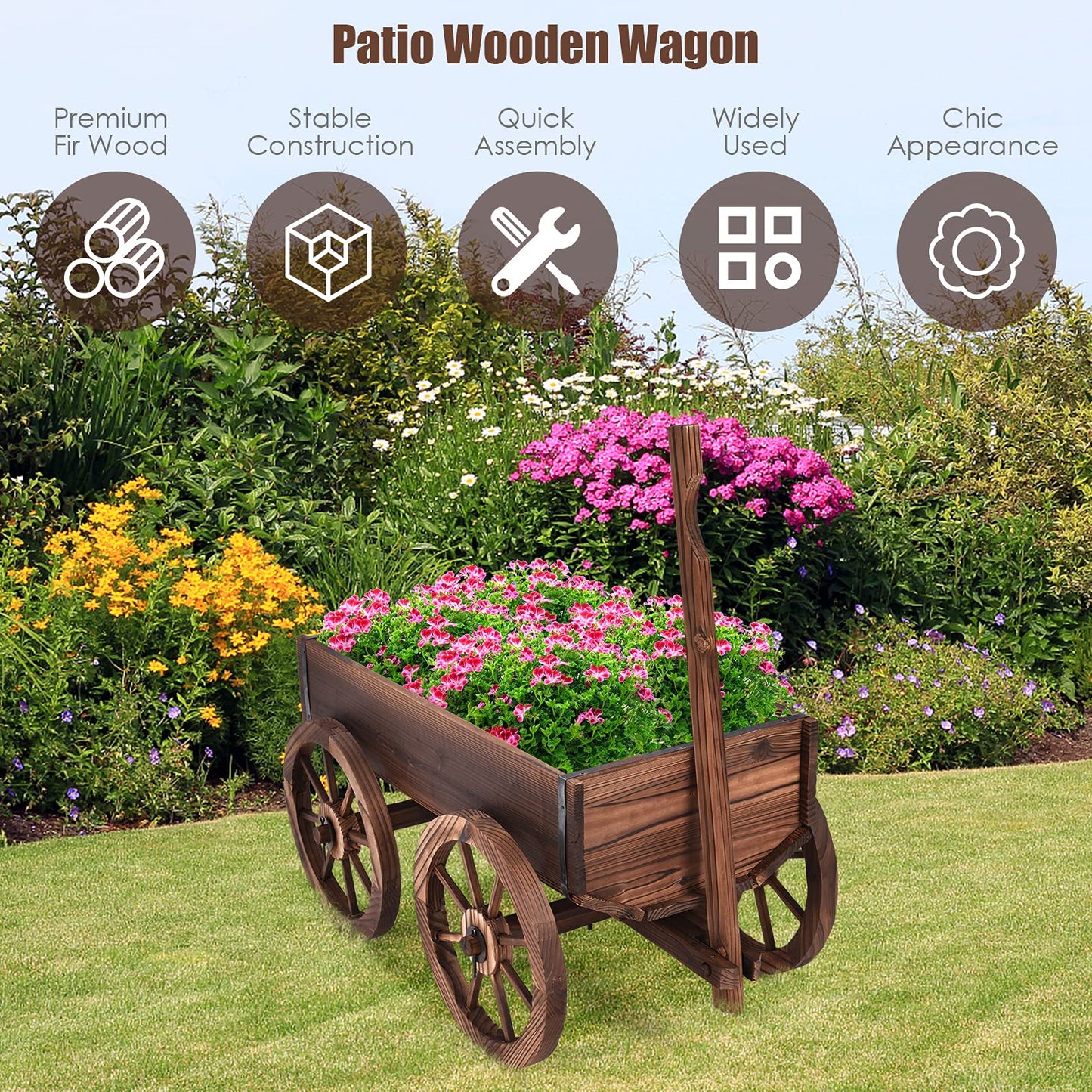 S AFSTAR Wooden Wagon, Wood Flower Planter Pot Stand with 4 Wheels & Drainage Holes, Amish Wagon Planter, Rolling Pot Stand Wood Wagon for Outdoor Plants Garden Decorative Garden Planter, Brown