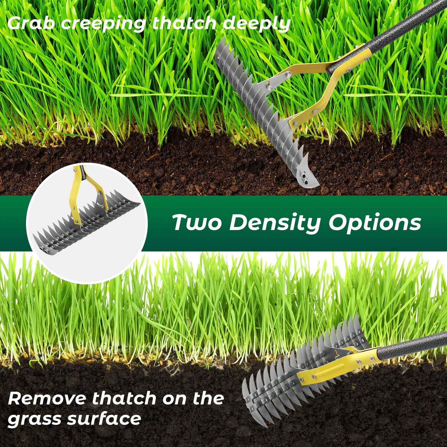 Thatch Rake,70 Inch Heavy Duty Lawn Thatching with Adjustable Stainless Steel Handle,Multiple Garden Rake for Leaves,Lawn Loosening Soil,Backyard,Garden