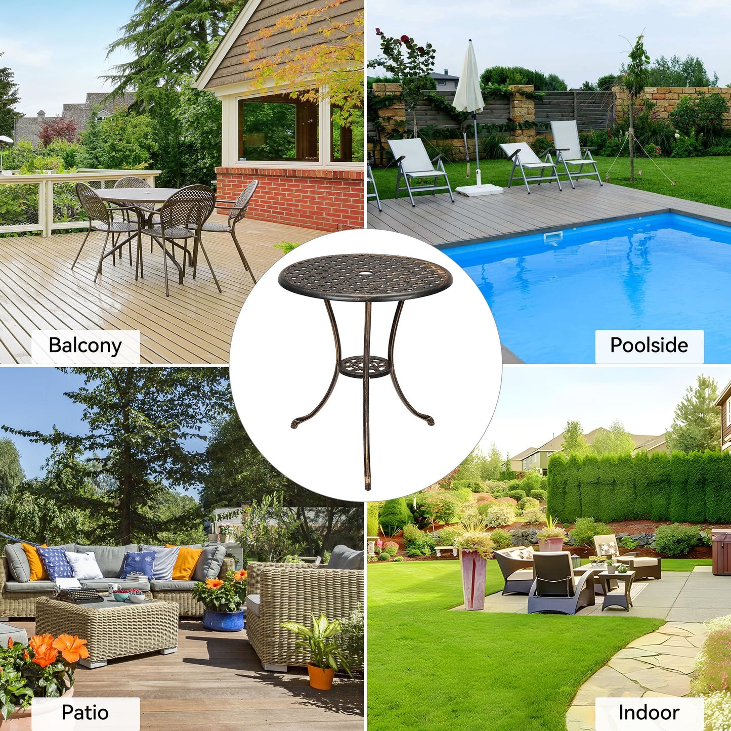 GarveeHome Patio Bistro Table, 24" Round Outdoor Coffee Table with 2" Umbrella Hole, Outdoor Cast Aluminum Bistro Table Side Table with Iron Frame for Balcony Backyard Lawn and Garden, Rustic Brown