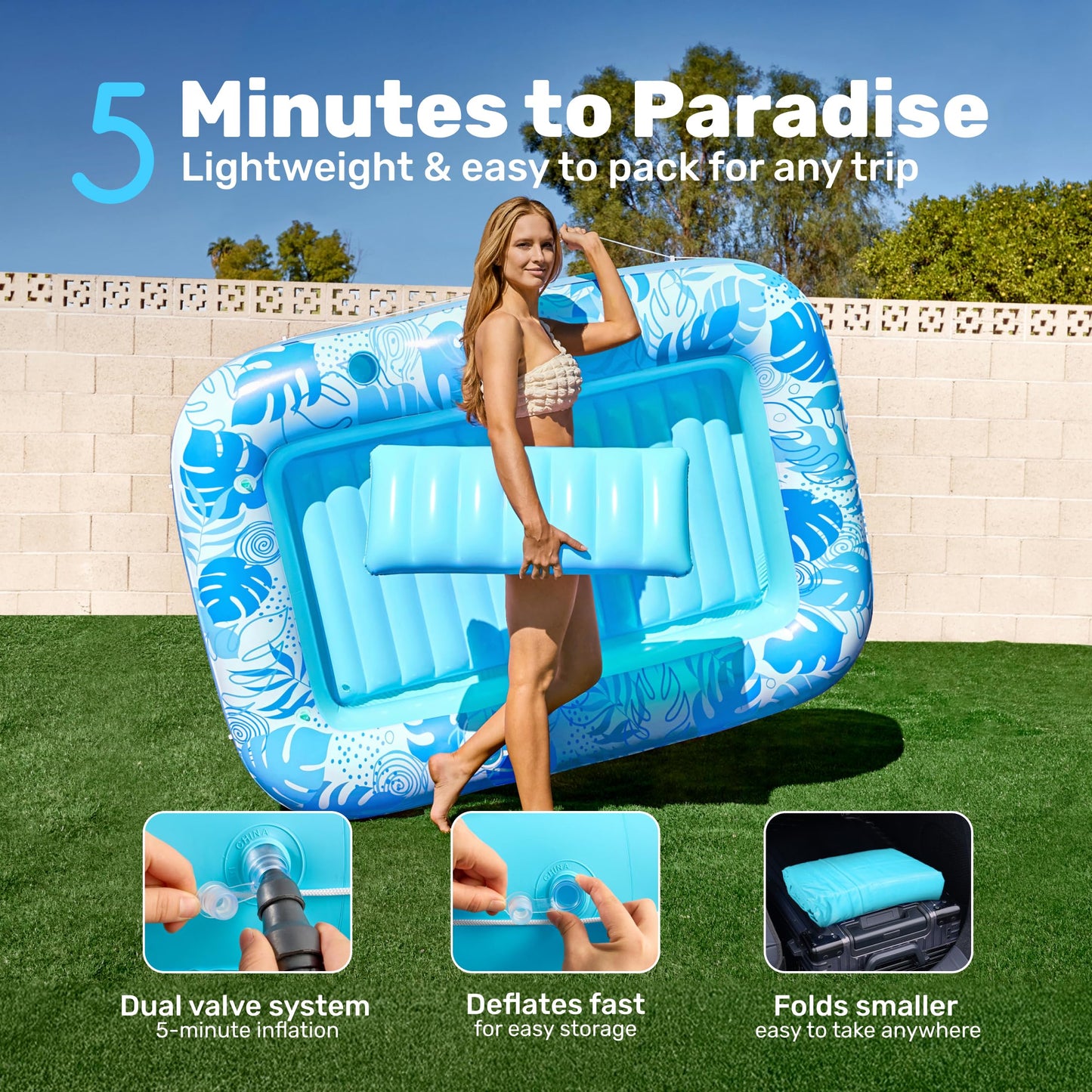 SLOOSH Misting System Inflatable Tanning Pool Lounger Float, 6 in 1 Large Mist Cooling Tanning Bed Floaties with Pillow & Cup Holders, 70" x 46" Blow Up Suntan Lounge Raft Beach Backyard Adults Gifts