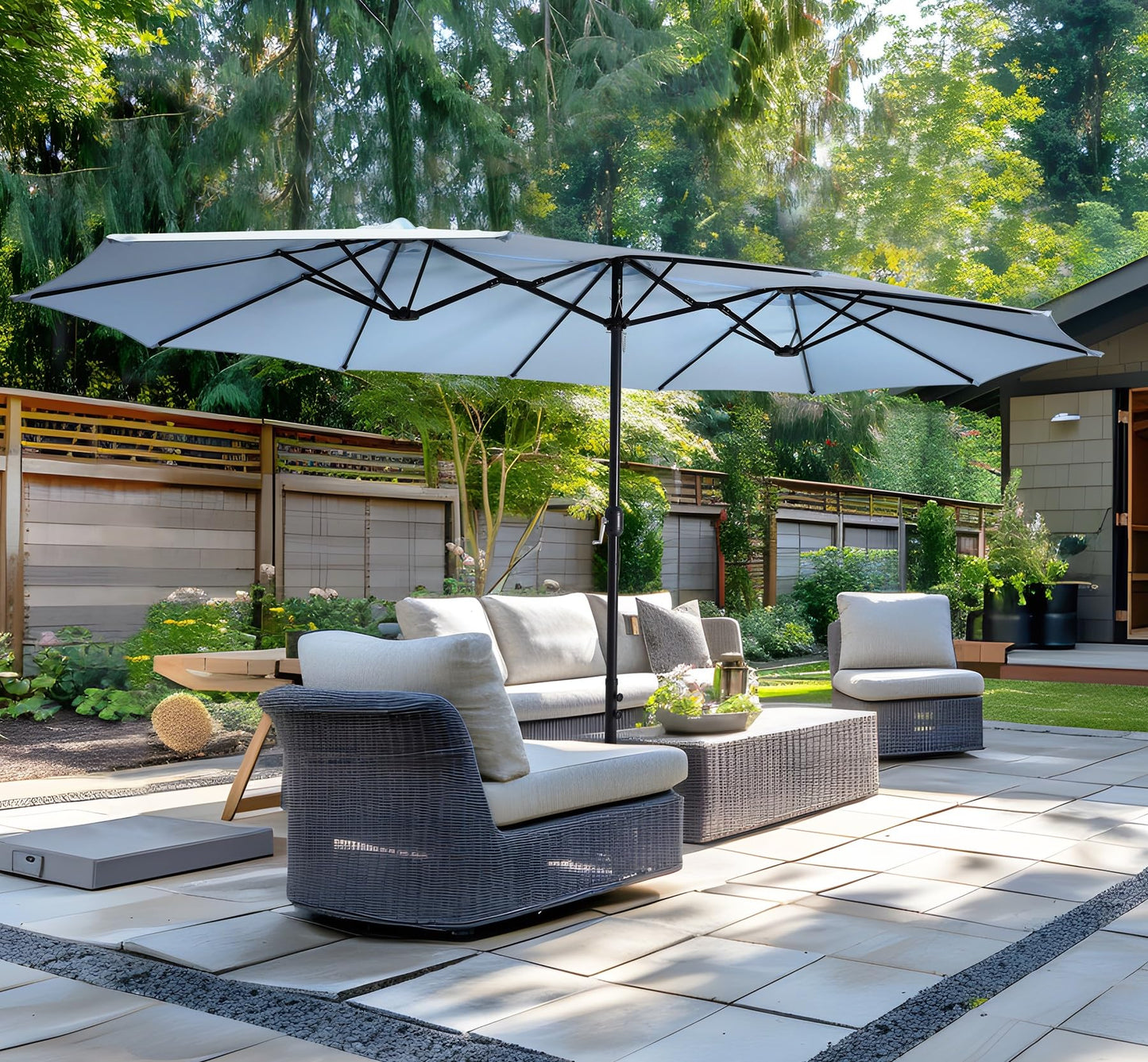 Bigroof 15ft Patio Umbrella with Base, Large Outdoor Double-Sided Market Umbrella with Terylene Polyester Fabric and Crank for Poolside Garden Deck Backyard Beach Pools, Light Blue