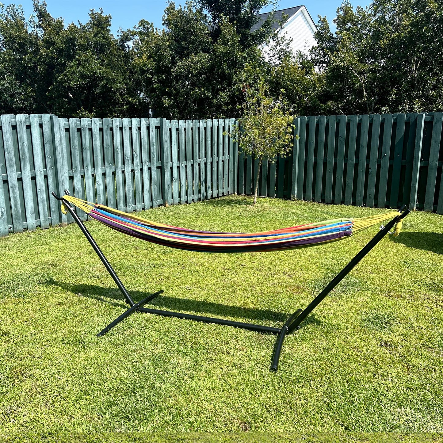 SZHLUX Double Hammock with Stand for Outside 450lb Capacity Steel Stand, Premium Carry Bag Included and Two Anti Roll Balance Beam