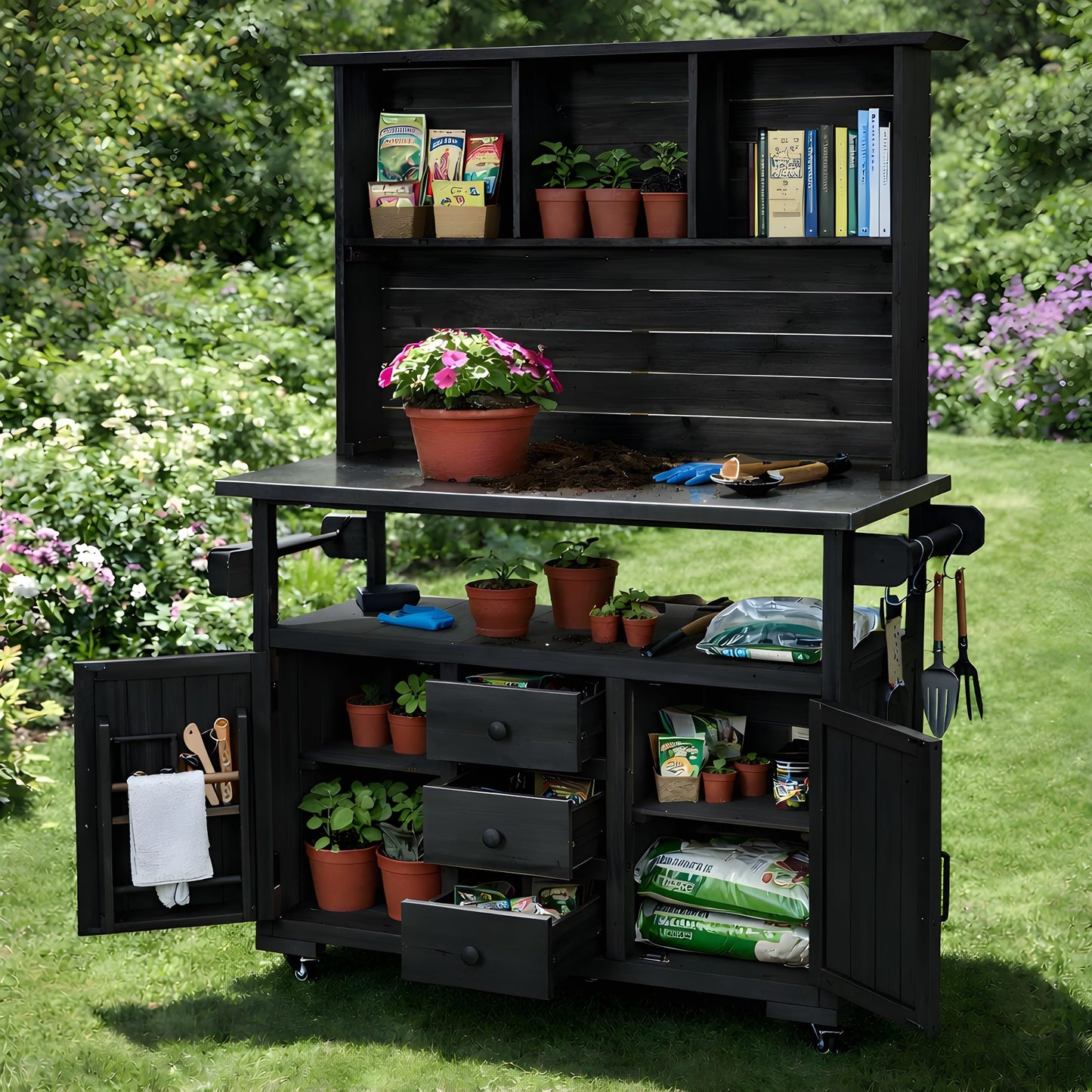 Merax 65''H Large Garden Storage Potting Bench with Lockable Wheels, Wood Outdoor Kitchen Island with Stainless Steel top, Drawers, Door Shelves and Hutch for Grilling, Black