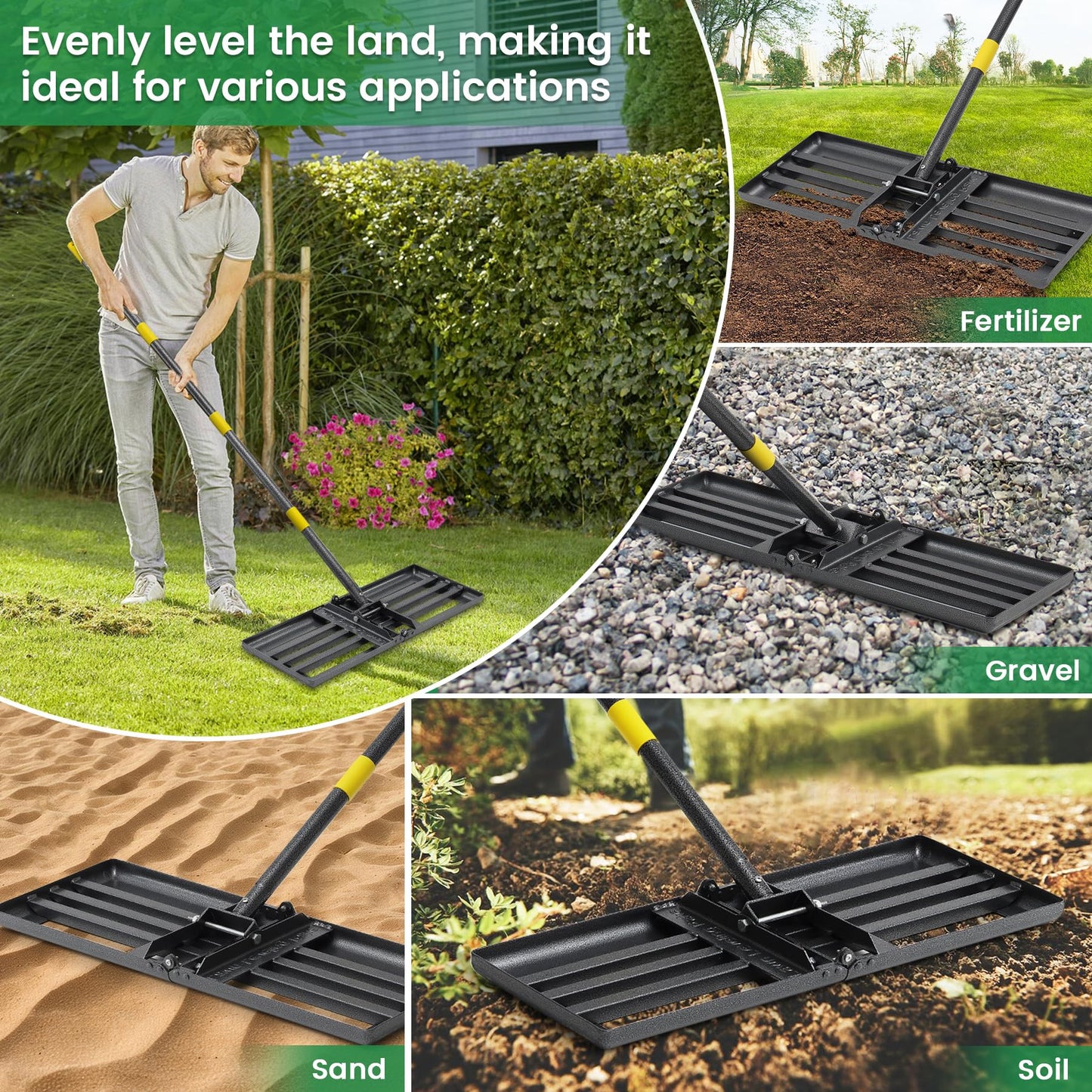 Lawn Leveling Rake - Heavy Duty 30" x 10" Lawn Leveler,Anti-Flip Edge, Adjustable 5FT Handle, Folding Plate for Yard, Soil, Sand, Topsoil Spreader - Garden Ground Top Dressing,Landscaping Tool