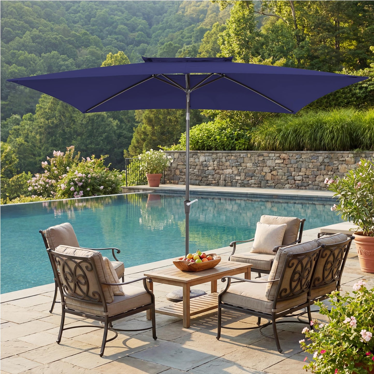 6.6 x 10 ft Rectangular Patio Umbrella, Outdoor Market Table Umbrella with Push Button Tilt and Crank, Double-Tier Vent, 6 Ribs, Rectangle Patio Umbrella for Backyard, Deck, Pool, Fits 4–6 Chairs and Tables (Navy)