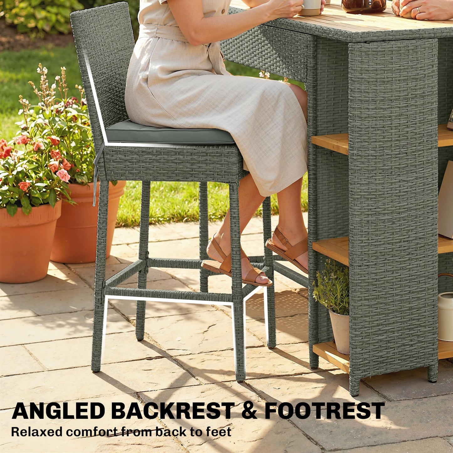 Outsunny 5 Piece Outdoor Bar Set, Wicker Outdoor High Top Table and Chairs, 3 Tier Shelves, Acacia Wood Bar Height Patio Set, 4 Barstools with Cushions, Back, Footrest for Garden, Backyard, Gray