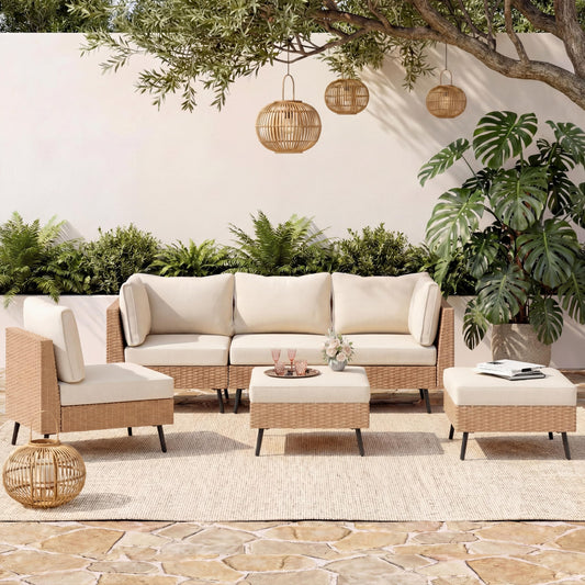 EO Living 6-Piece Patio Furniture Set, Outdoor Sectional Sofa PE Rattan Outdoor Patio Furniture with Thick Cushions, All Weather Patio Conversation Sets for Garden, Poolside, Backyard(Beige)