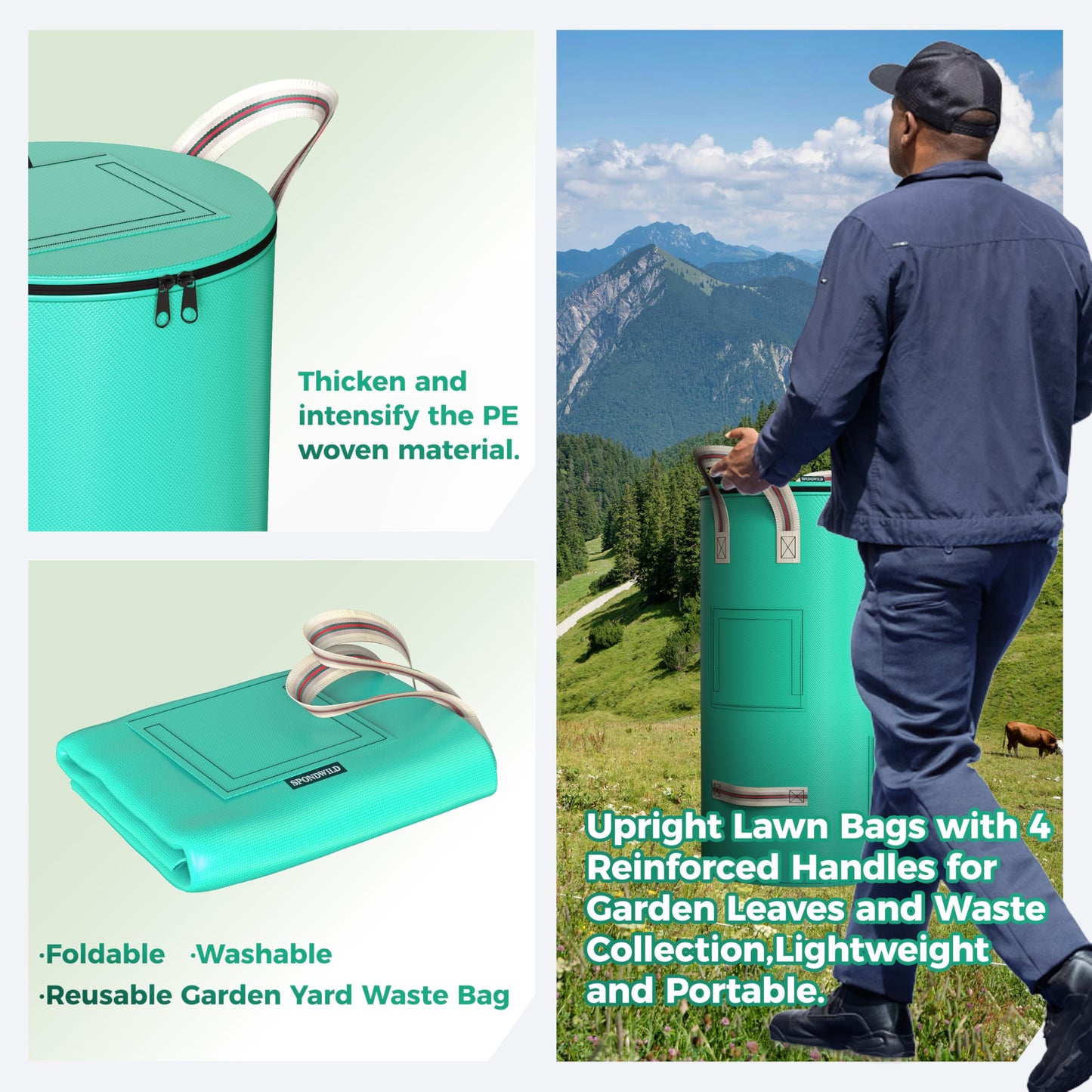 SPONDWILD Compost Bins Outdoor 32 Gallon Reusable Garden Yard Waste Bag Breathable Thickened Foldable with 4 Handles for Leaf Compost Collection