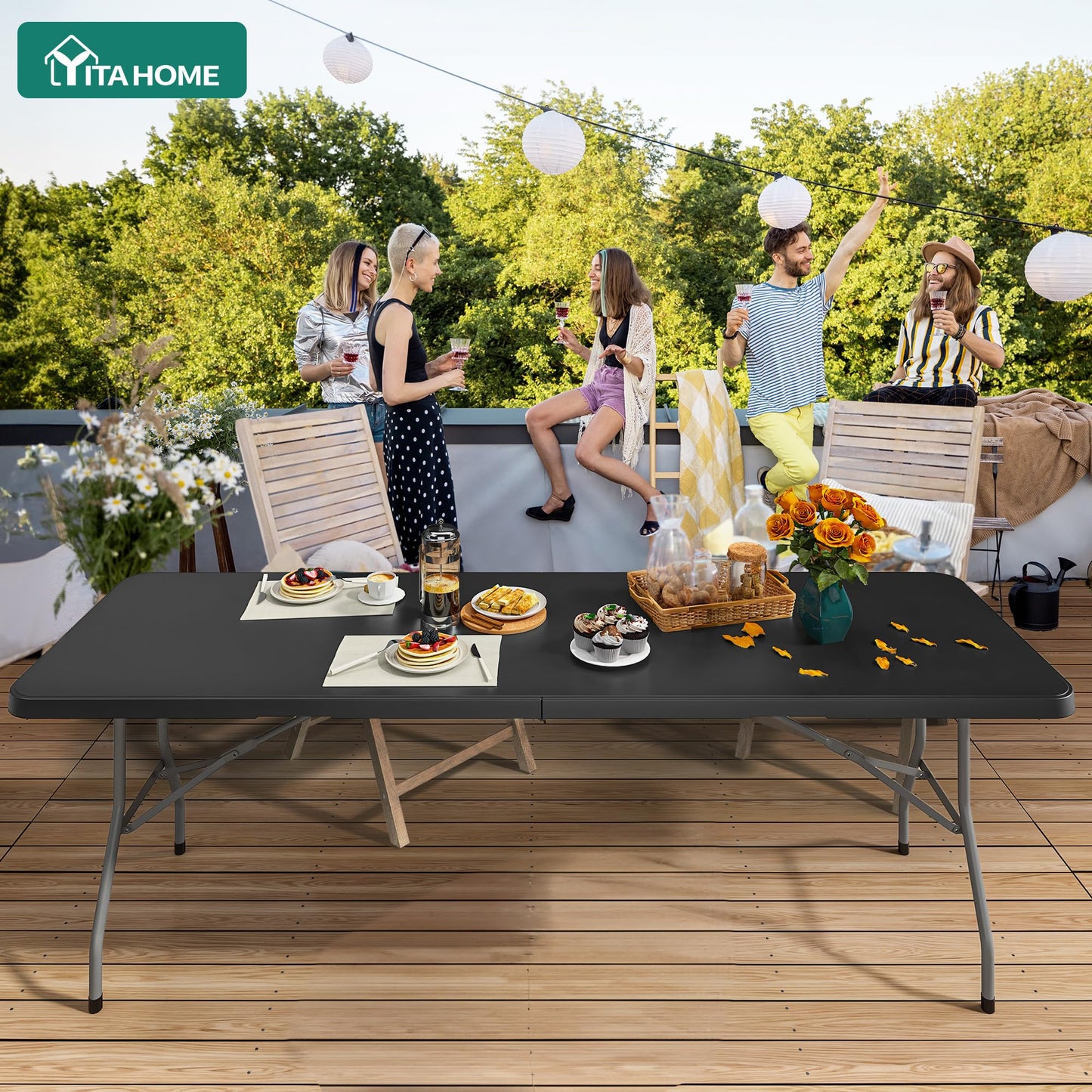 YITAHOME 8FT Folding Tables, Heavy Duty Folding Table with Carrying Handle, Plastic Fold up Table for Outdoor Camping Picnic Parties/Indoor Events, Black