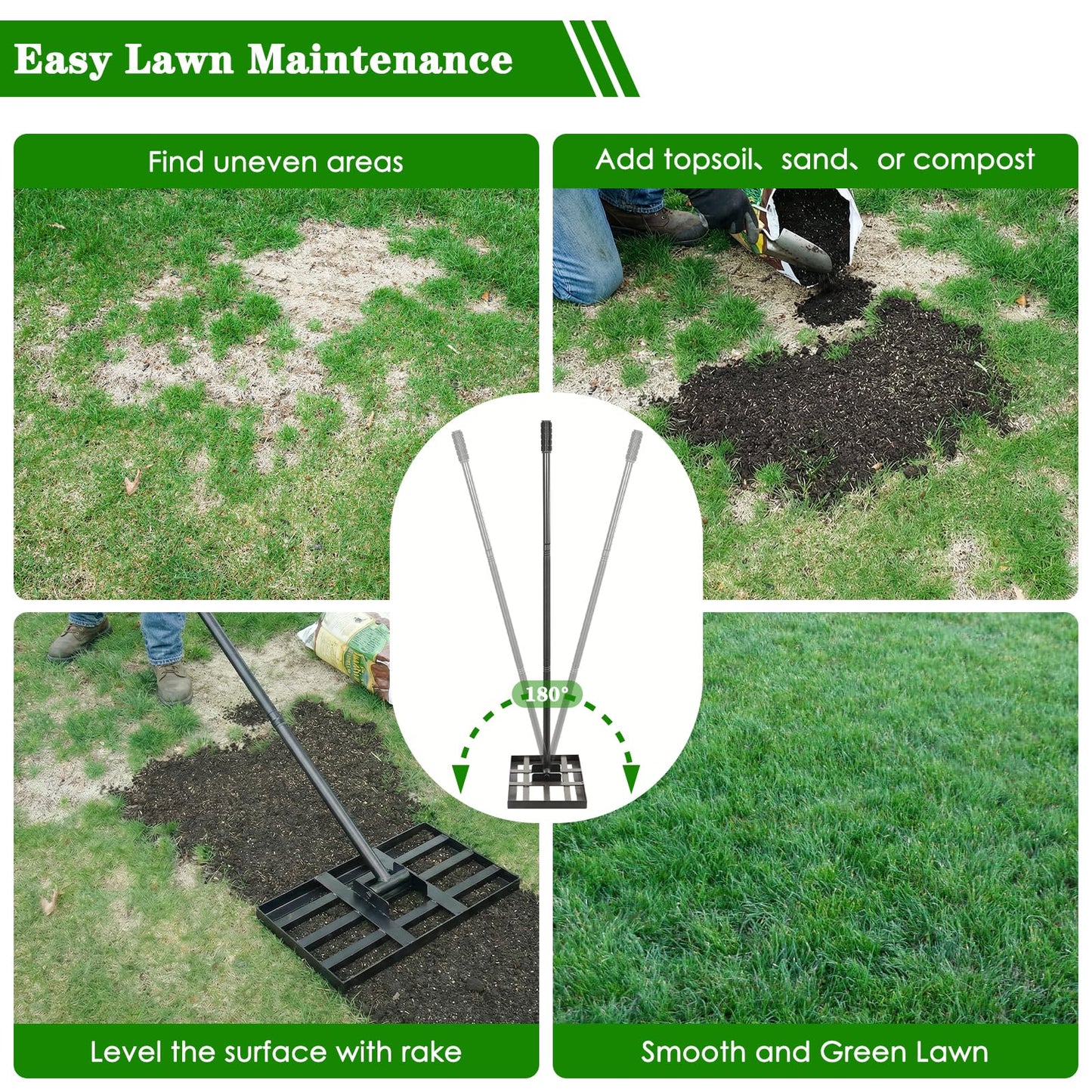 Tegarbed Lawn Leveling Rake 17x10 inch, Heavy Duty Ground Leveler for Soil, Sand, Effortless Smooth Use & Easy Assembly Stainless Steel Landscape Rake for Backyard, Garden, Golf Course, Black