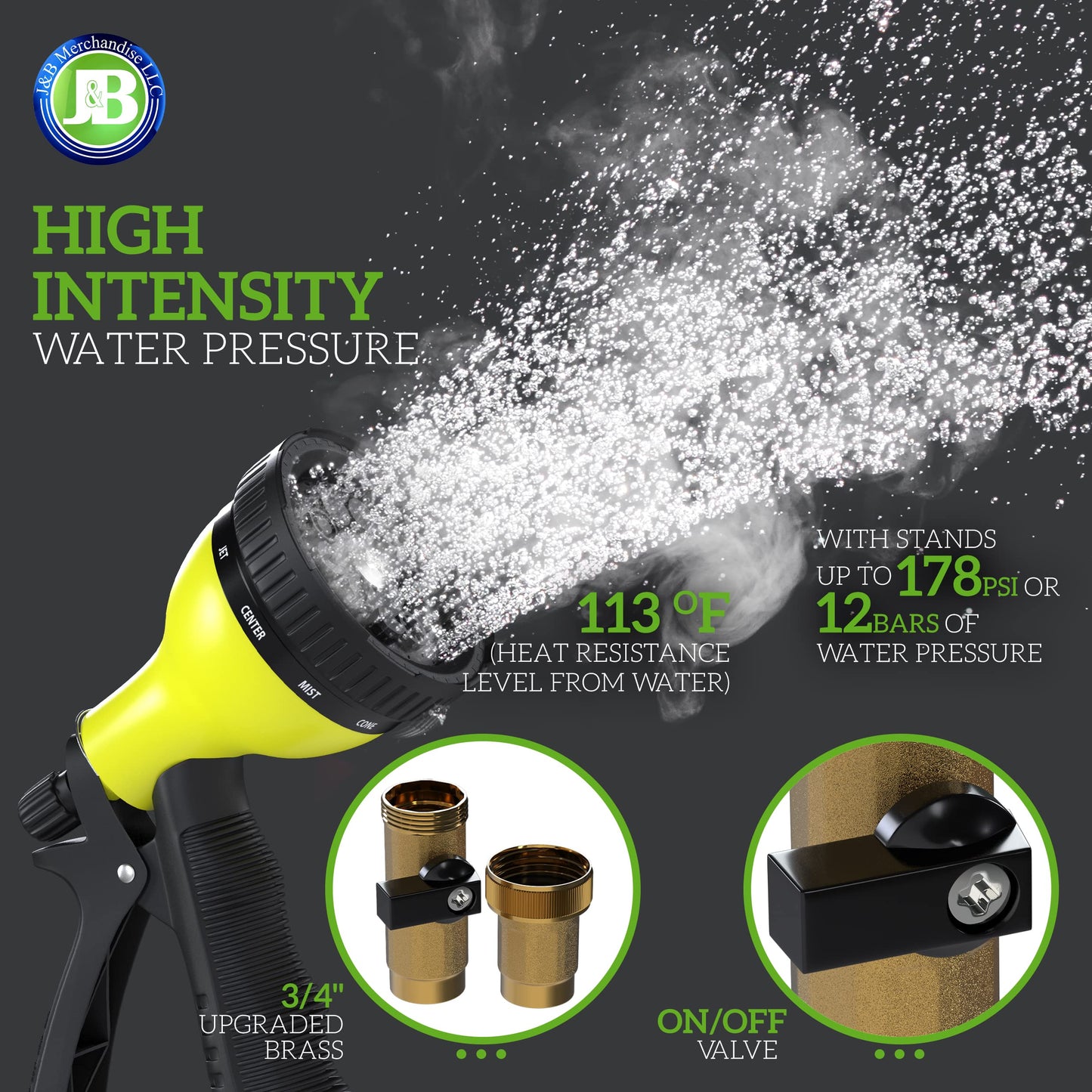 J&B XpandaHose 150ft Expandable Garden Hose – Ultra-Strong 3750D, 4-Layer Latex Core, Brass 3/4" Connectors, 10-Pattern Nozzle & Storage Bag – Lightweight, Kink-Reducing, Leak-Resistant