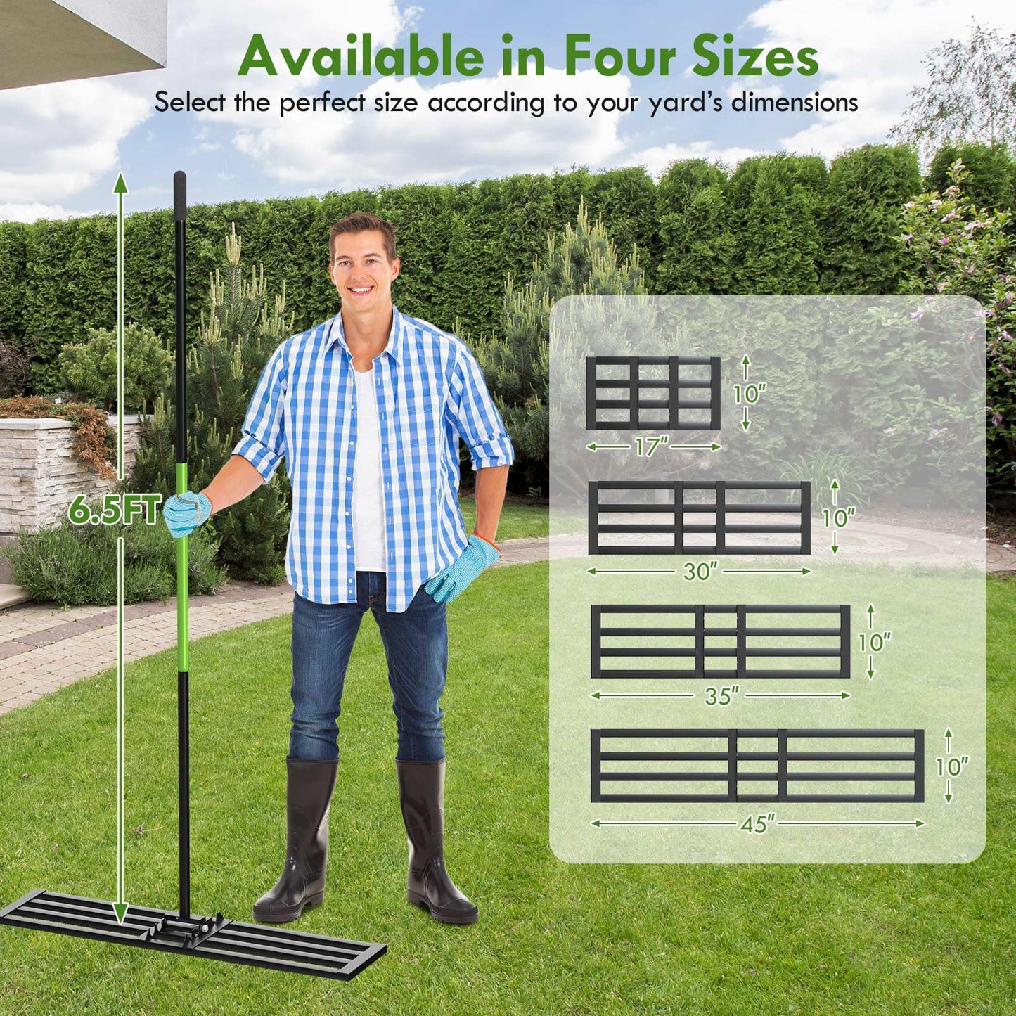 Seeutek Lawn Leveling Rake, 45" x 10" Heavy Duty Yard Leveling Rake Tool with 0-180° Adjustable Handle, 6.5FT Steel Handle Lawn Leveler for Yard Garden Golf, Ease Level Soil Sand Dirt Surface
