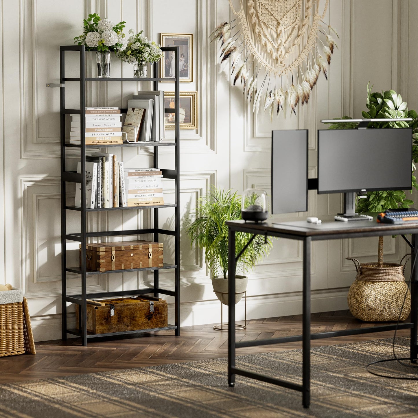 vovala 5-Tier Bamboo Wood Ladder Bookshelf, Tall Display Storage Shelf, Large Bookcase Modern Industrial Stand Organizer for Home, Office, Living Room, Kitchen, Bedroom, Black
