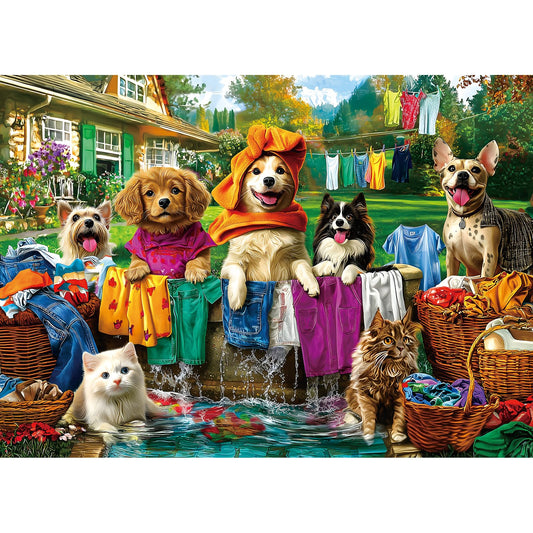 Laundry Day 1000 Piece Puzzle for Adults - Colorful Backyard Scene with Dogs & Cats Pet House Garden Jigsaw Puzzles, Unique & Fun Adult Games for Game Night Gift & Family Activities