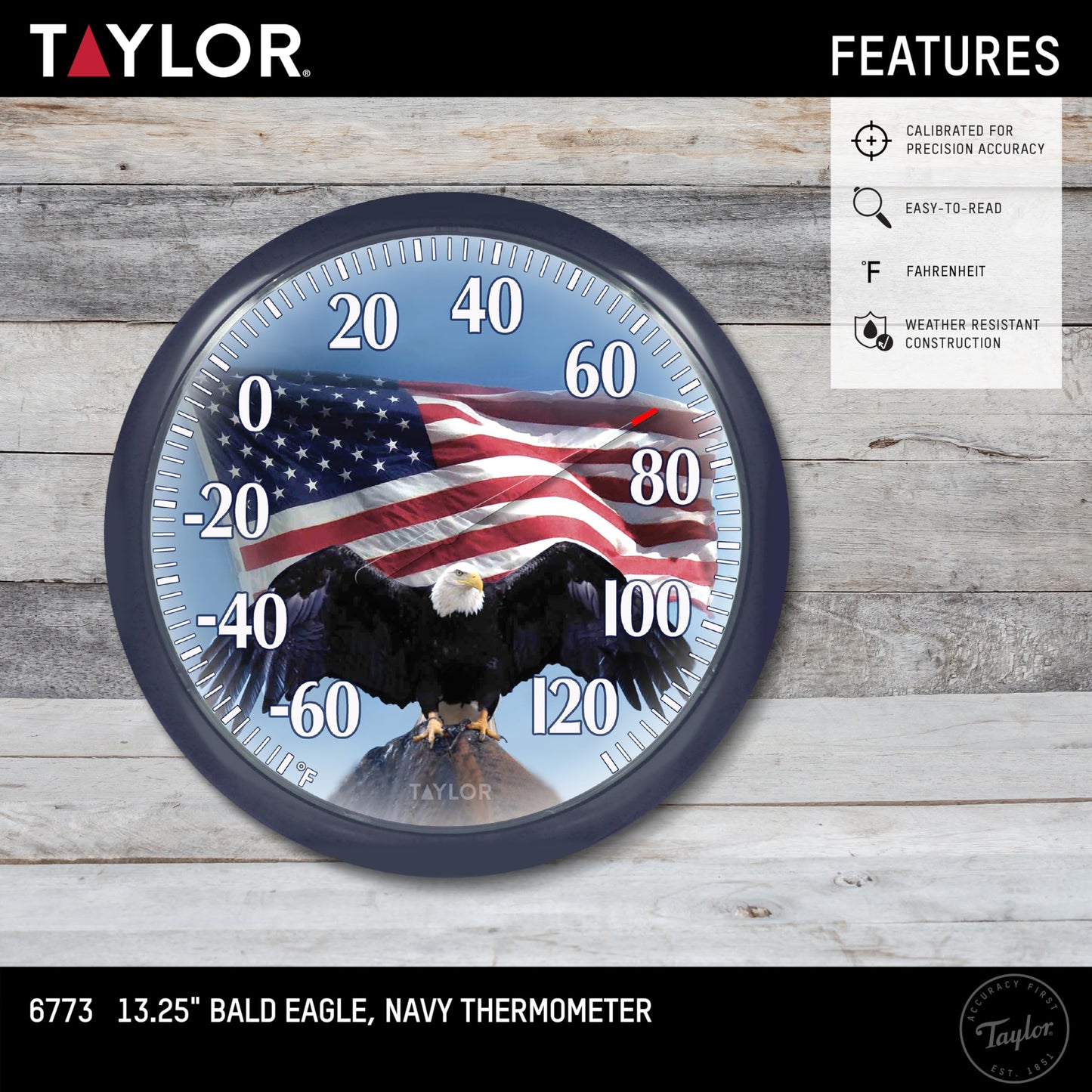 Taylor Bald Eagle Indoor Outdoor Dial Thermometer, Easy to Read Wall Decor for Patio, Pool, Yard, Garden or Garage, 12x14-inch, Charcoal Bezel