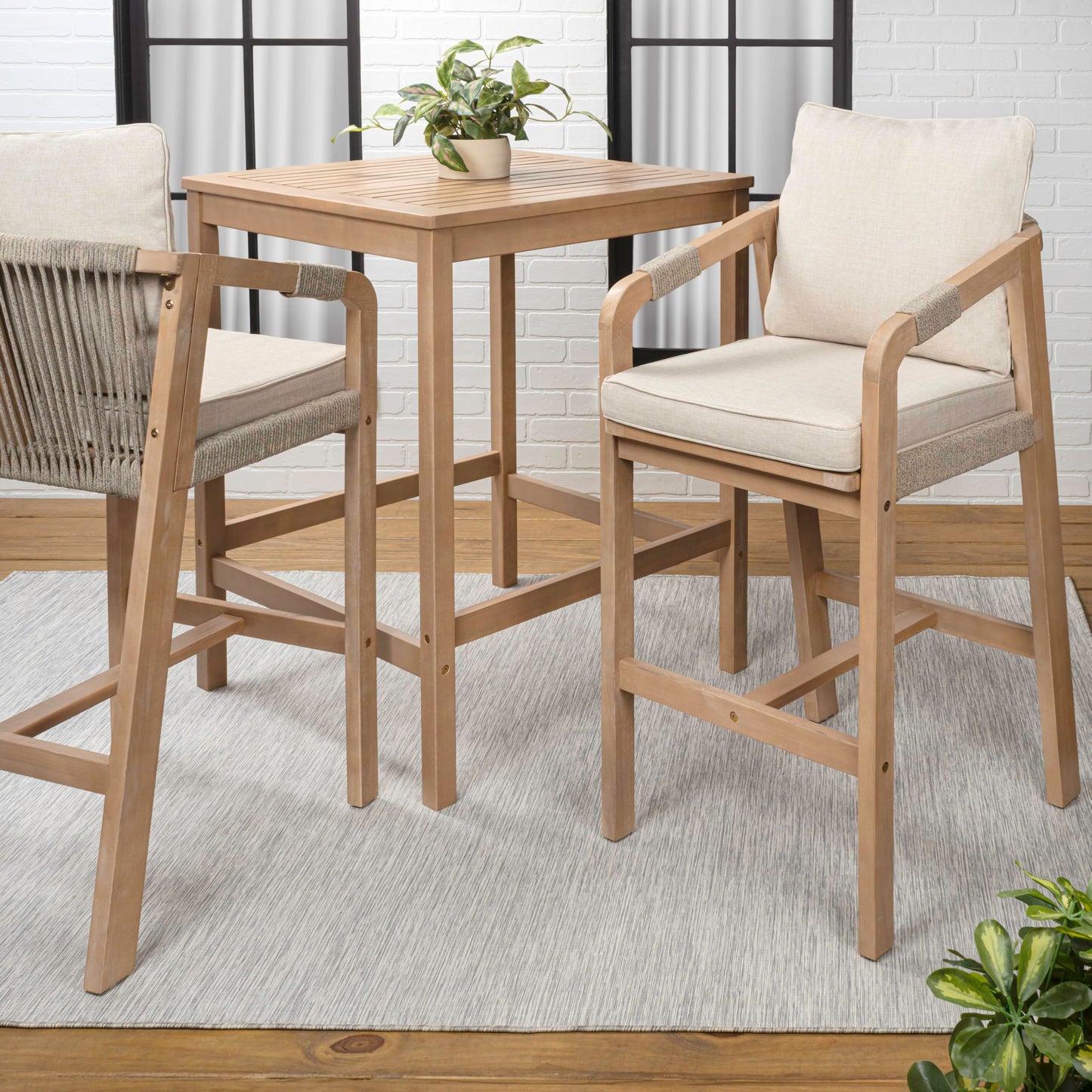 JONATHAN Y DNG2005A-3SET Porto Modern Coastal 3-Piece Acacia Wood Outdoor Square Table Bar Set with Cushions for Patio, Garden, Lawn, Backyard, Pool, Deck, Beige/Light Teak