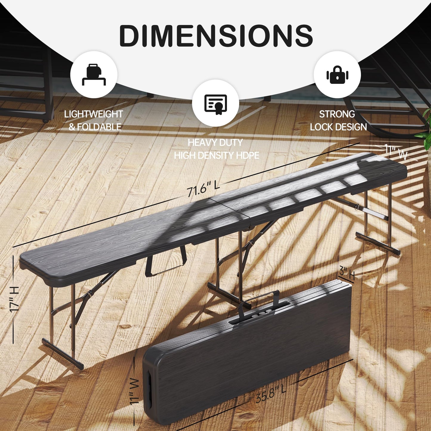 VSOAEIL 6 Foot Folding Bench, Portable Plastic Folding Bench Seat, Foldable Seat for Indoor Outdoor Picnic Camping Dining, Soccer Garden Multipurpose Entertaining Activities, Black, 2 Pack